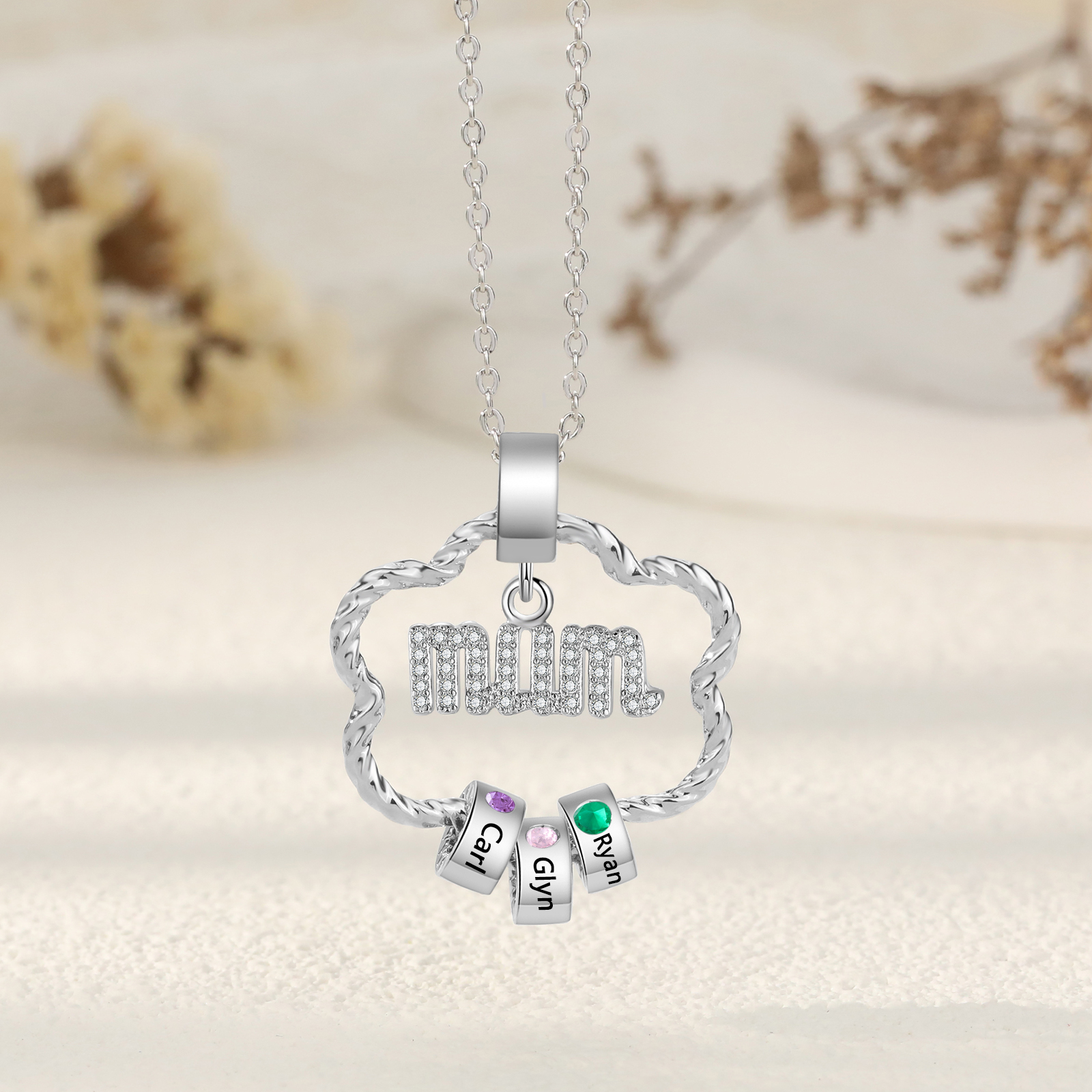 3 Name Personalized Flower Necklace With 3 Birthstone Pendants Engraved With Names Gift For Mum