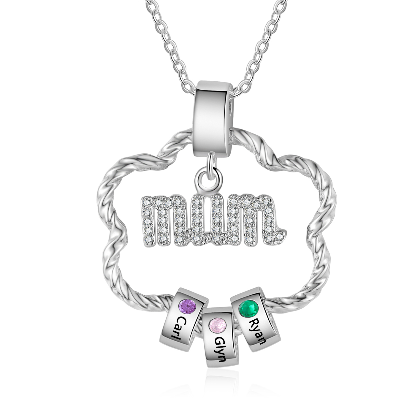 3 Name Personalized Flower Necklace With 3 Birthstone Pendants Engraved With Names Gift For Mum