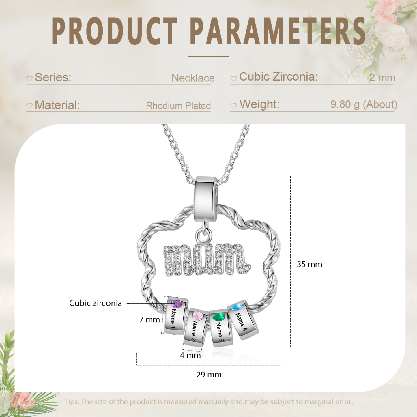 4 Name Personalized Flower Necklace With 4 Birthstone Pendants Engraved With Names Gift For Mum