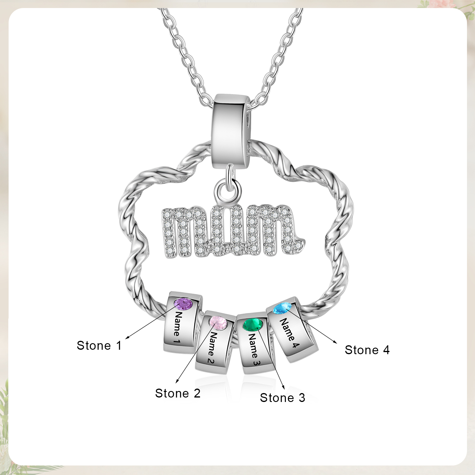 4 Name Personalized Flower Necklace With 4 Birthstone Pendants Engraved With Names Gift For Mum