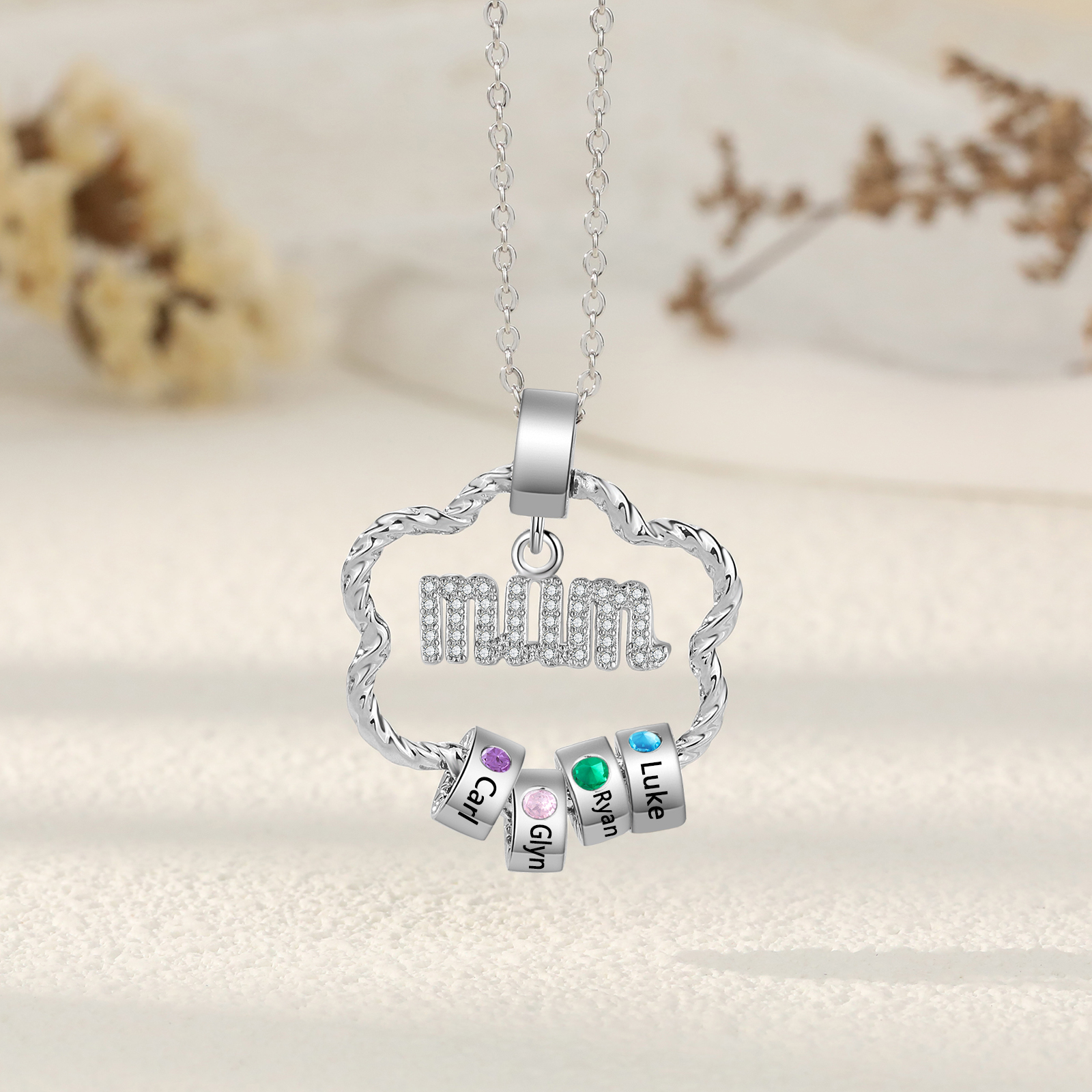 4 Name Personalized Flower Necklace With 4 Birthstone Pendants Engraved With Names Gift For Mum