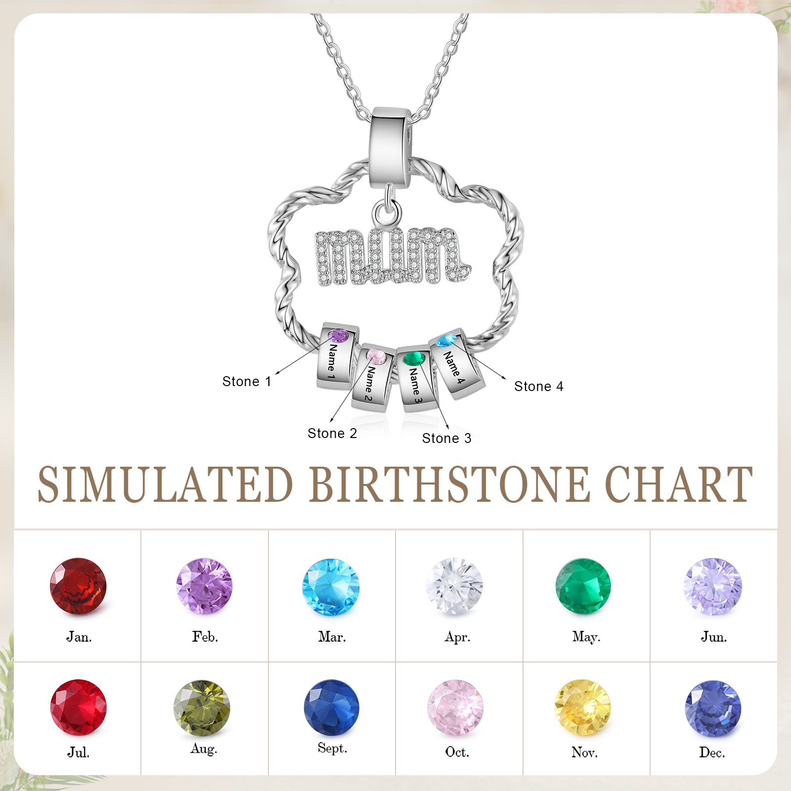 4 Name Personalized Flower Necklace With 4 Birthstone Pendants Engraved With Names Gift For Mum