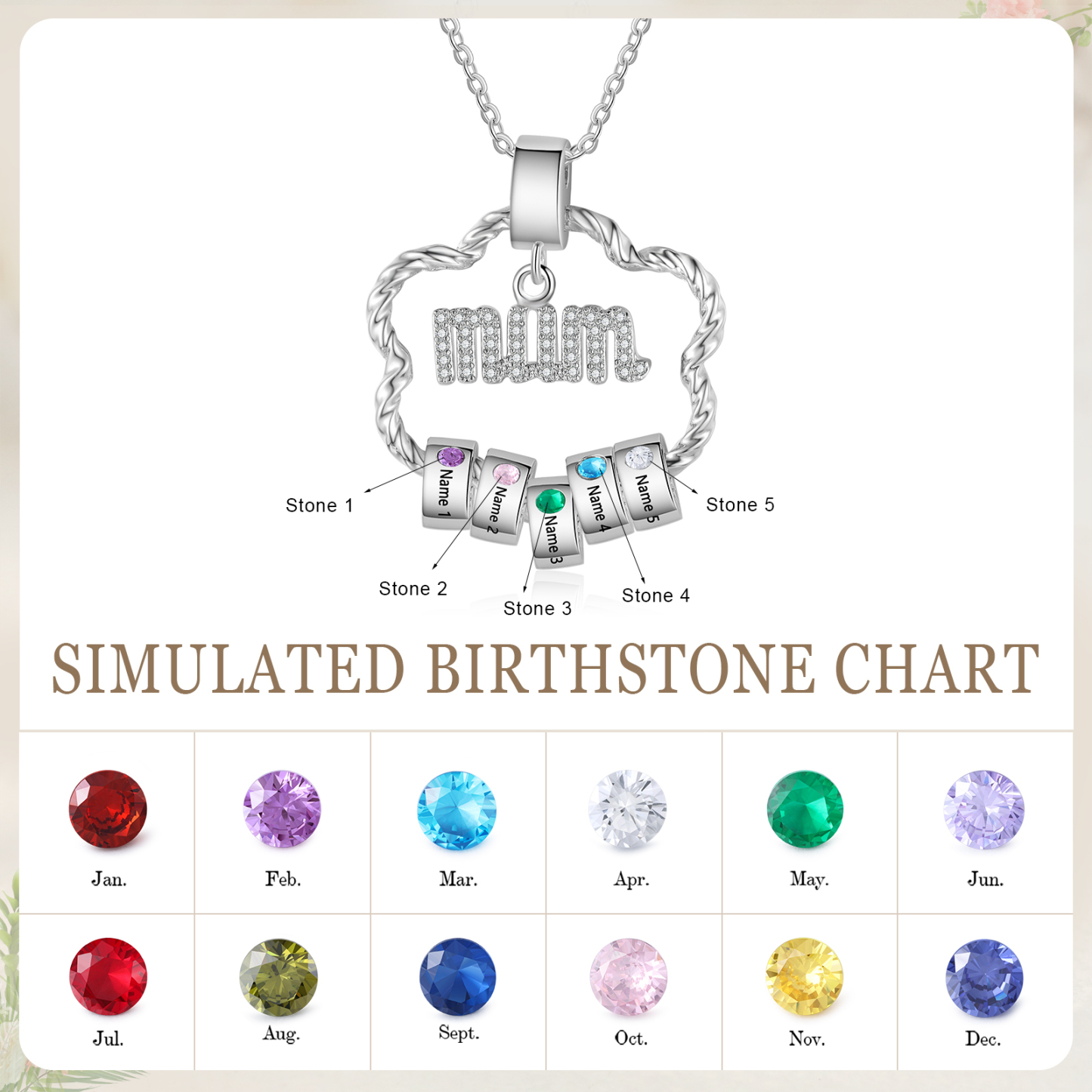 5 Name Personalized Flower Necklace With 5 Birthstone Pendants Engraved With Names Gift For Mum