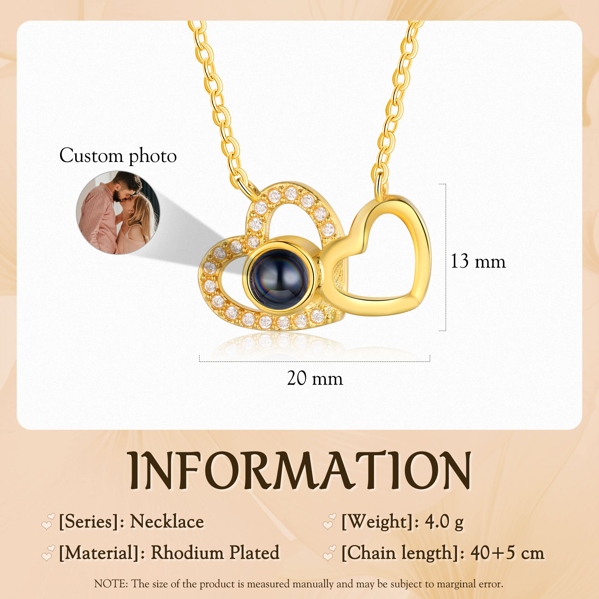 Personalised Projection Necklace Double Heart Design with Custom Photo Gift for Her | Jessmade