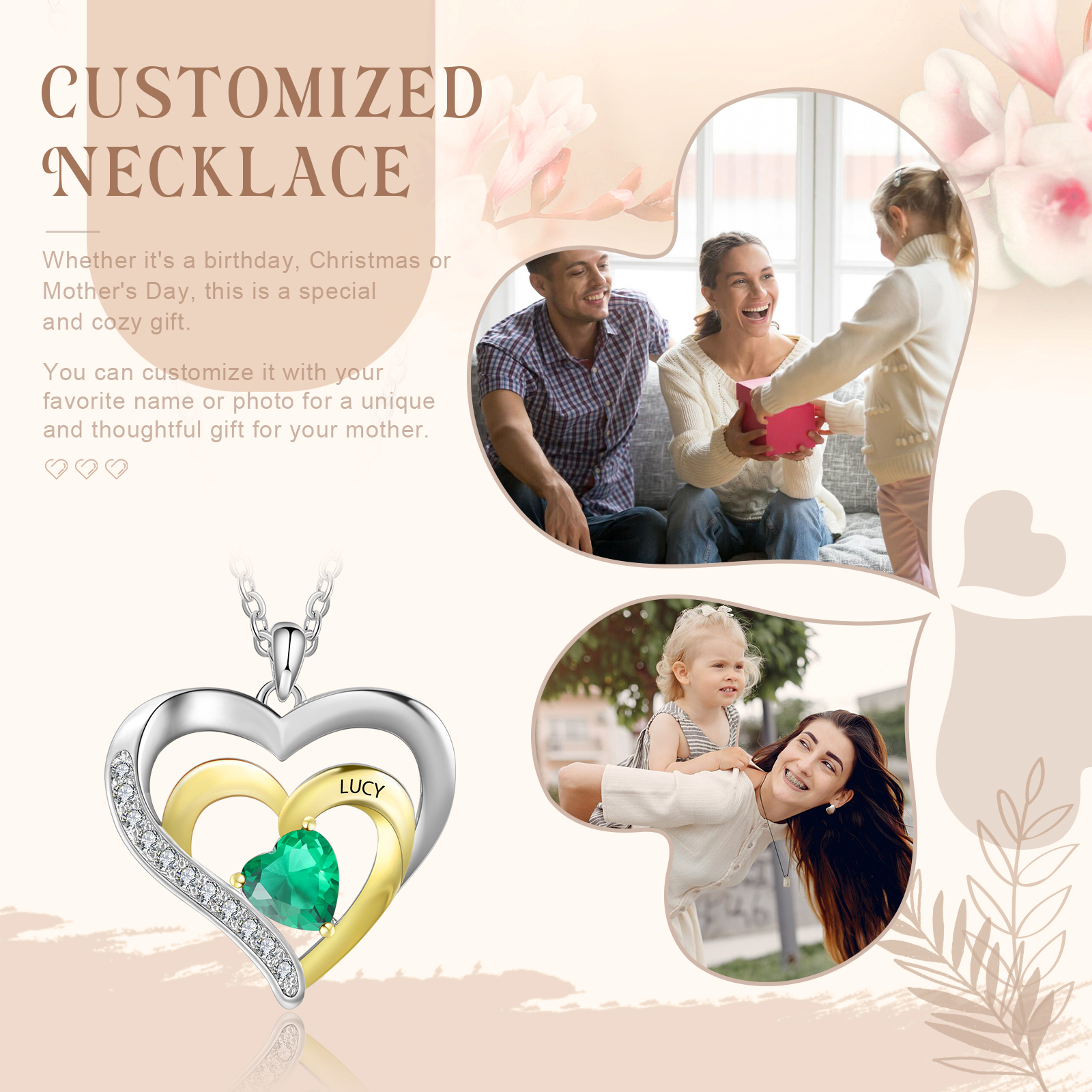 1 Name - Personalized Special Heart Necklace in Silver with Birthstone and Name Beautiful Gift for Her