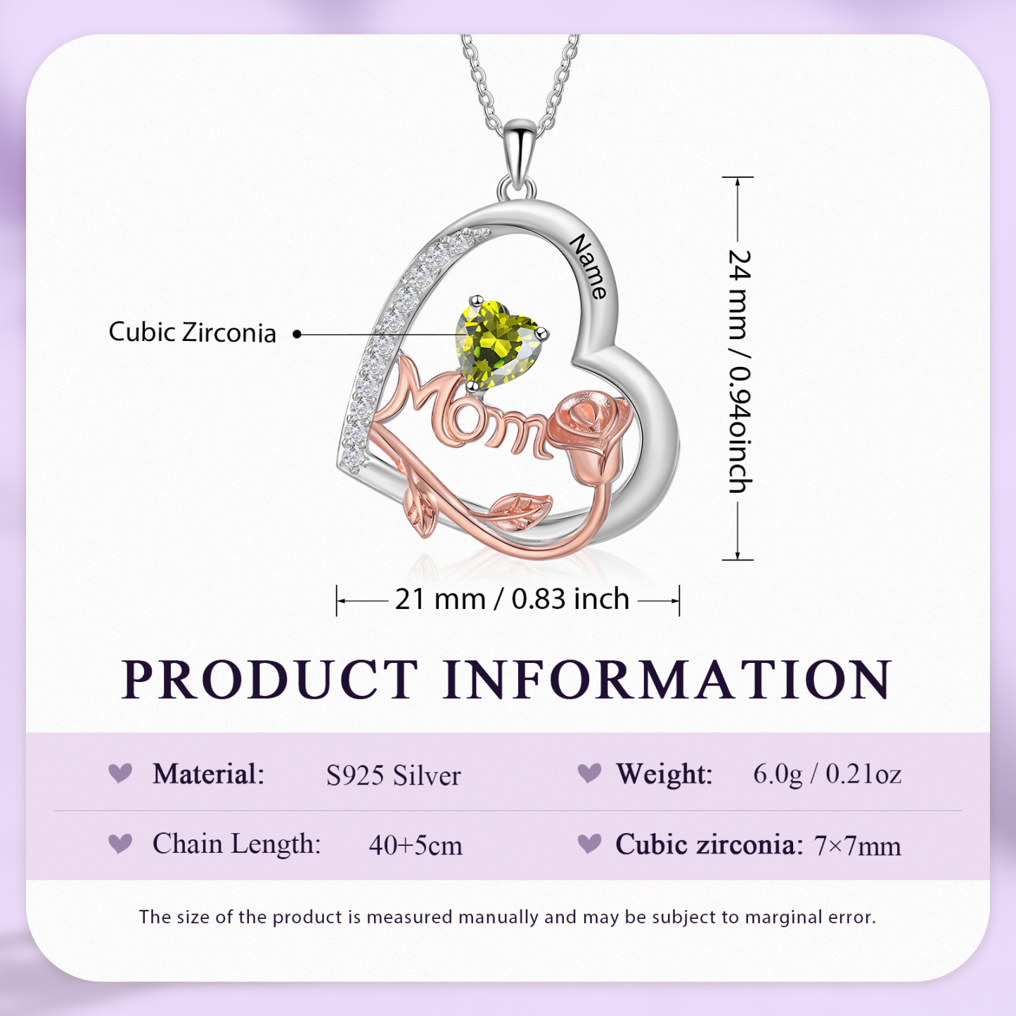 1 Name - Personalized Silver Heart Necklace with Birthstone and Name as a Mother's Day Gift for Mom