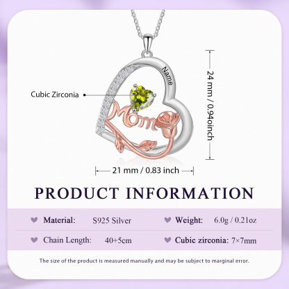 1 Name - Personalized Silver Heart Necklace with Birthstone and Name as a Mother's Day Gift for Mom