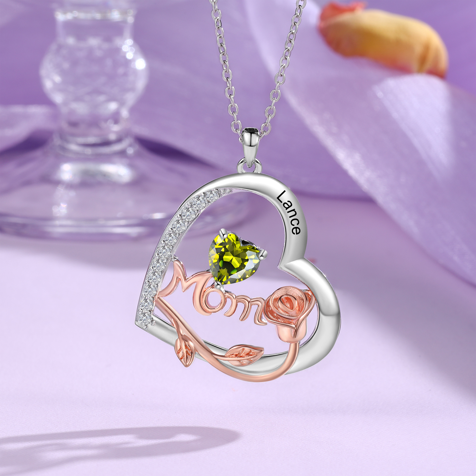 1 Name - Personalized Silver Heart Necklace with Birthstone and Name as a Mother's Day Gift for Mom