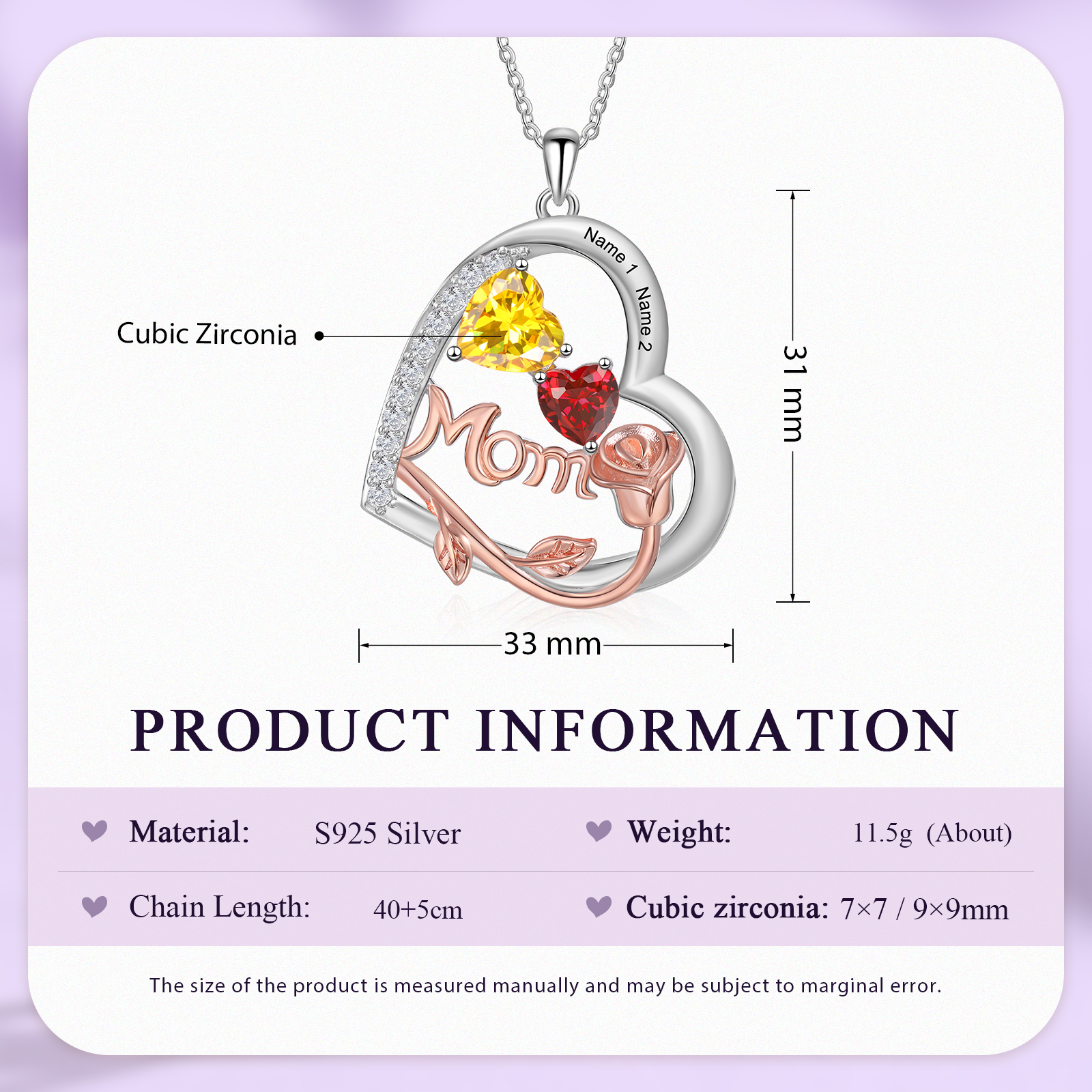 2 Names - Personalized Silver Heart Necklace with Birthstone and Name as a Mother's Day Gift for Mom