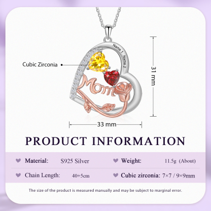 2 Names - Personalized Silver Heart Necklace with Birthstone and Name as a Mother's Day Gift for Mom