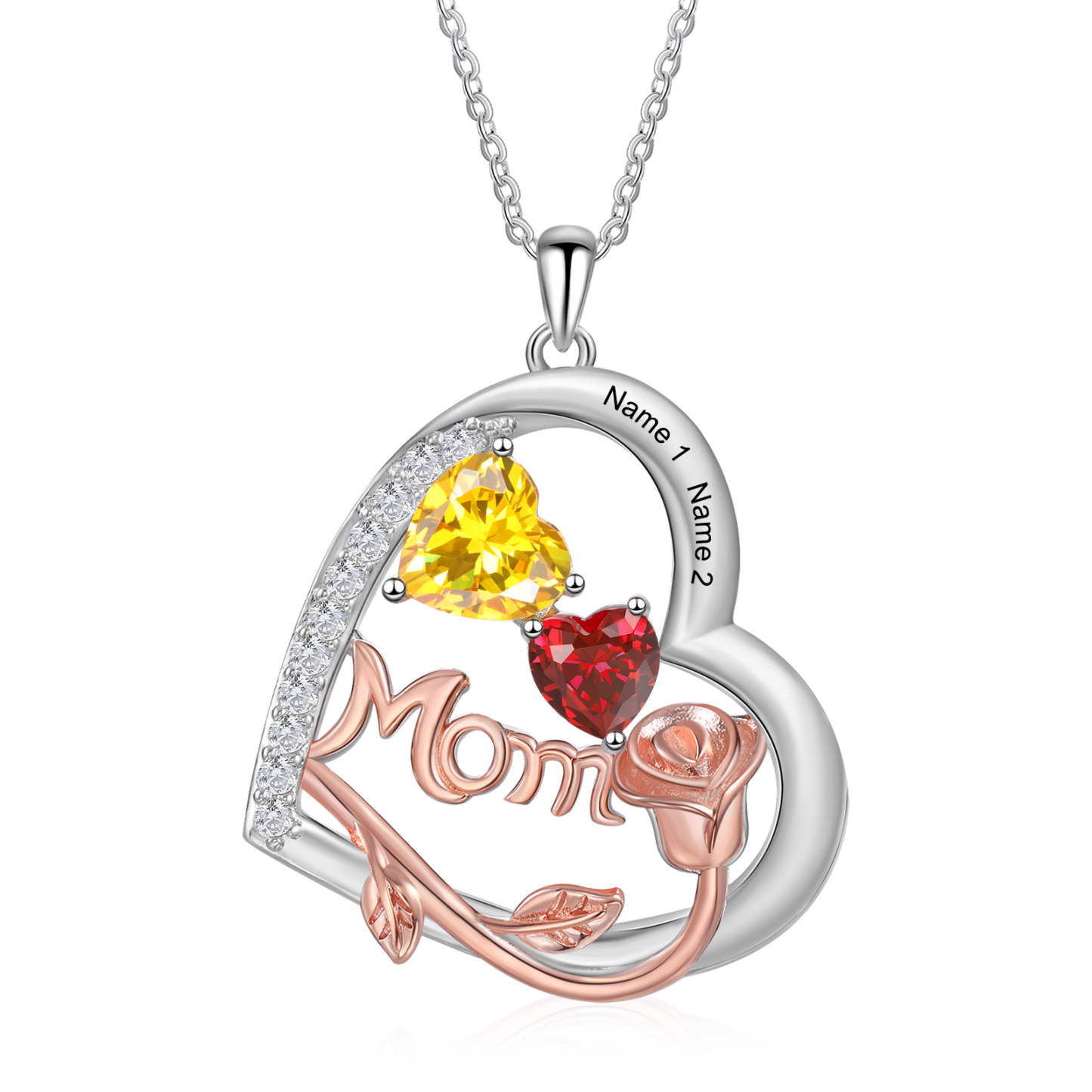 2 Names - Personalized Silver Heart Necklace with Birthstone and Name as a Mother's Day Gift for Mom