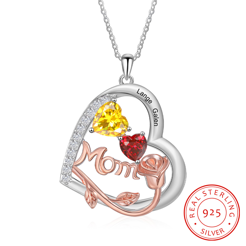 2 Names - Personalized Silver Heart Necklace with Birthstone and Name as a Mother's Day Gift for Mom