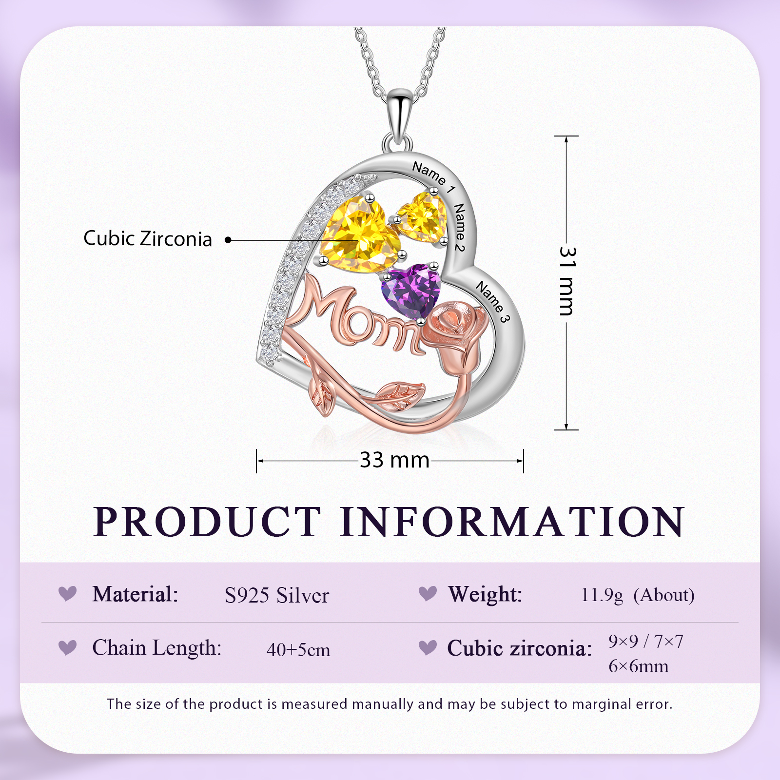 3 Names - Personalized Silver Heart Necklace with Birthstone and Name as a Mother's Day Gift for Mom