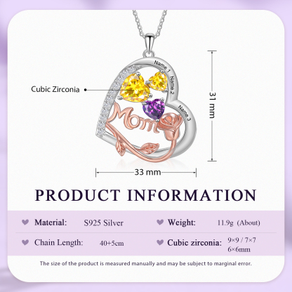 3 Names - Personalized Silver Heart Necklace with Birthstone and Name as a Mother's Day Gift for Mom