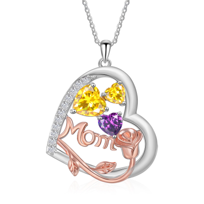 3 Names - Personalized Silver Heart Necklace with Birthstone and Name as a Mother's Day Gift for Mom