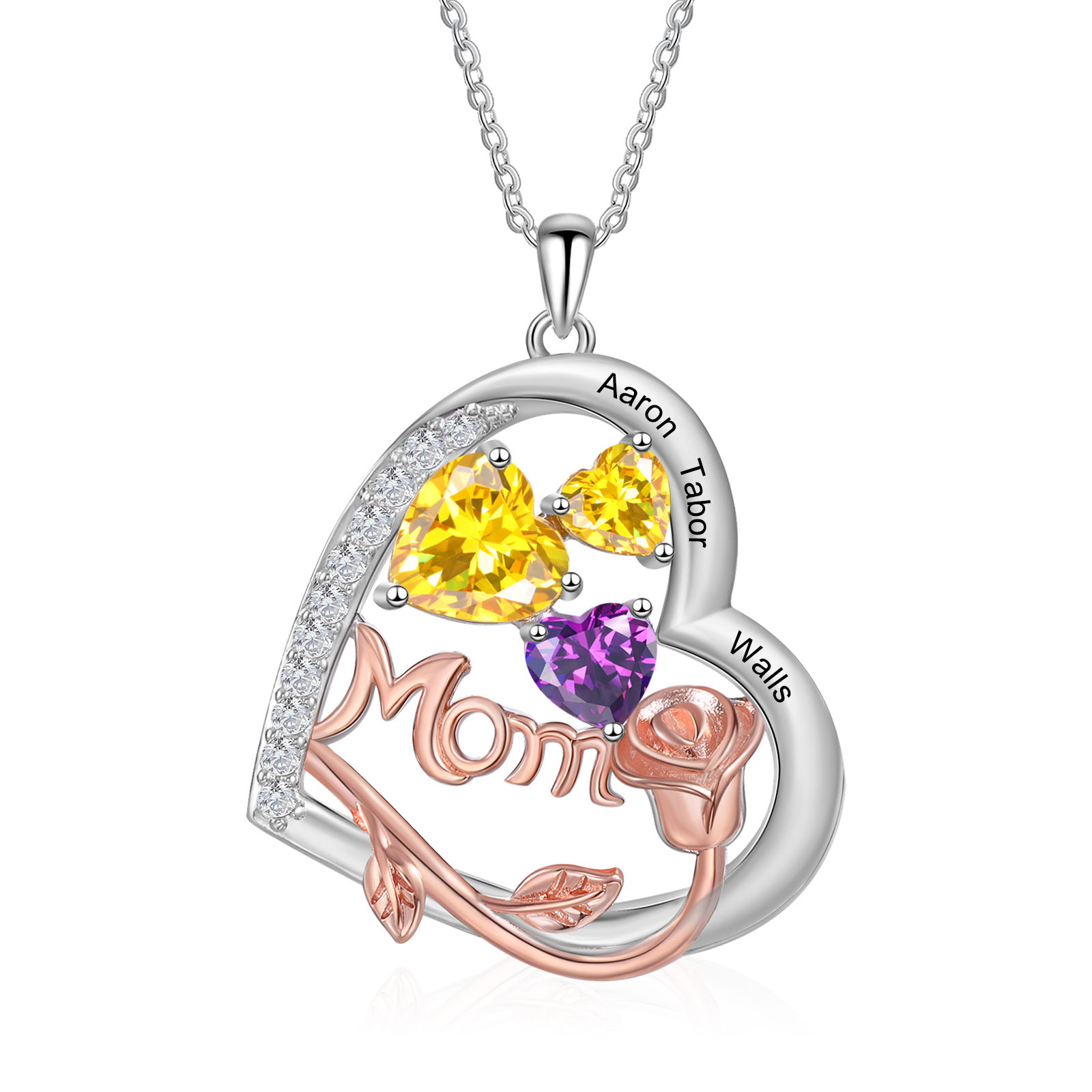 3 Names - Personalized Silver Heart Necklace with Birthstone and Name as a Mother's Day Gift for Mom