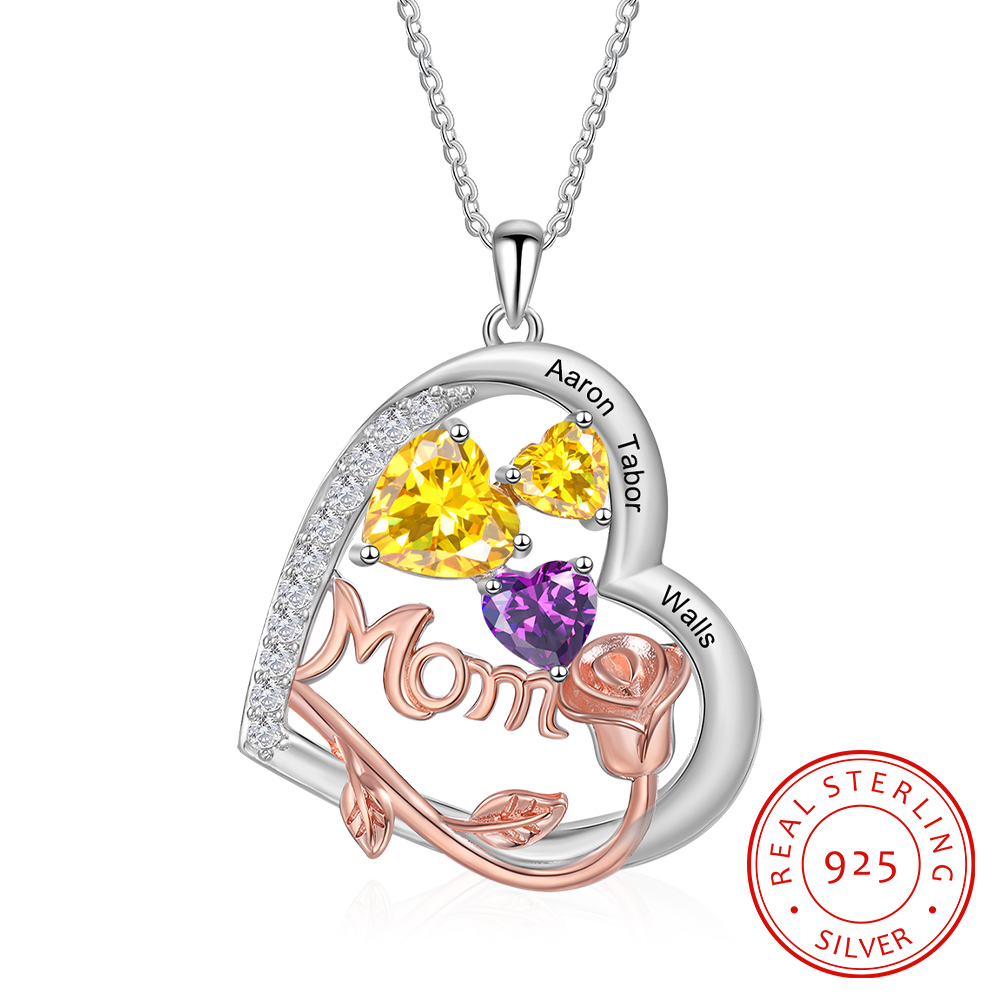 3 Names - Personalized Silver Heart Necklace with Birthstone and Name as a Mother's Day Gift for Mom