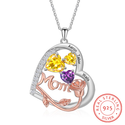 3 Names - Personalized Silver Heart Necklace with Birthstone and Name as a Mother's Day Gift for Mom