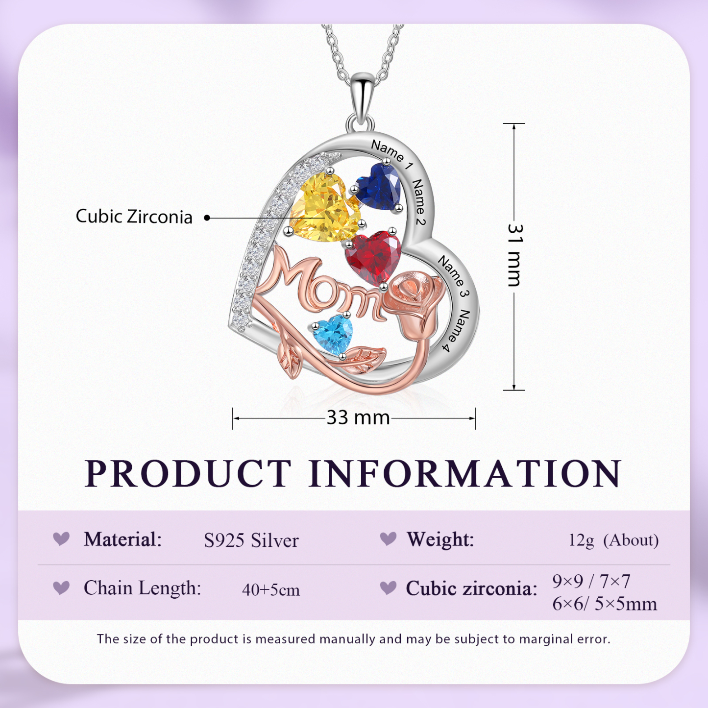 4 Names - Personalized Silver Heart Necklace with Birthstone and Name as a Mother's Day Gift for Mom