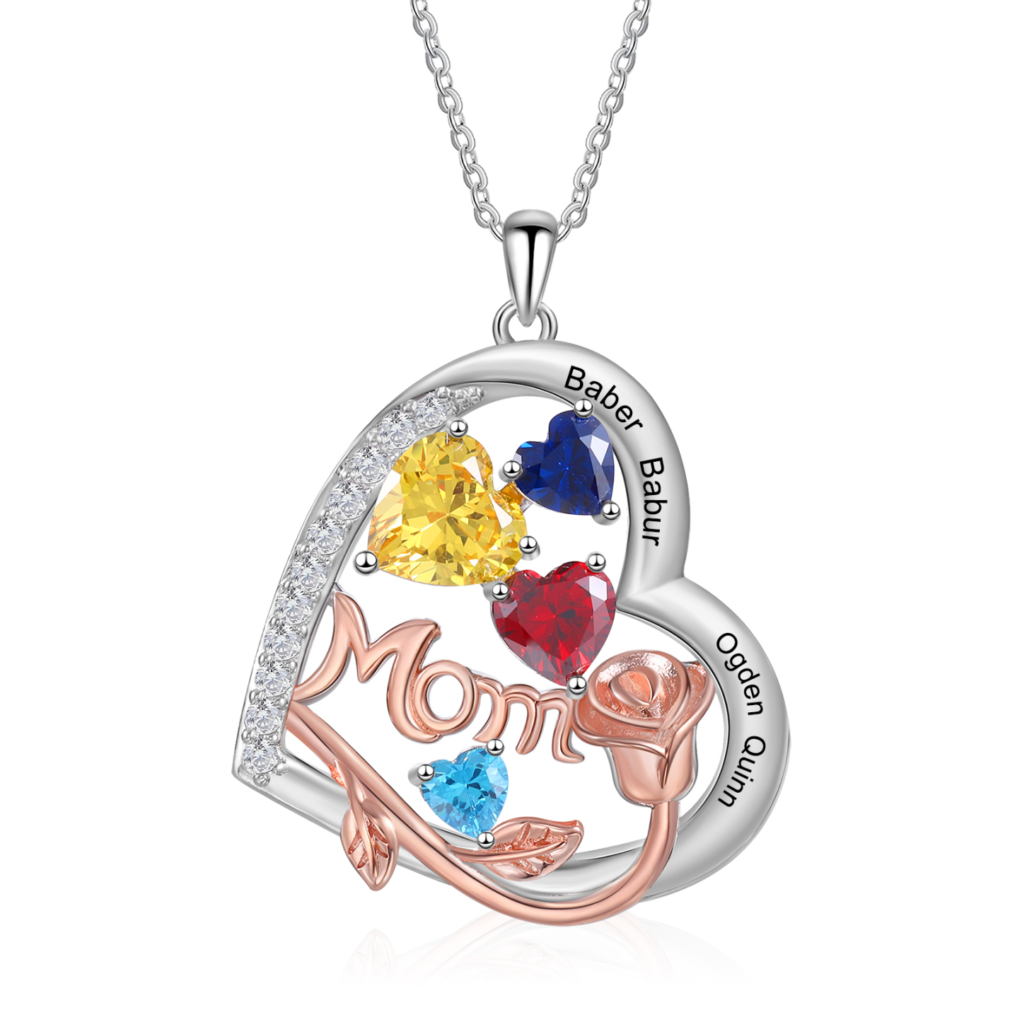 4 Names - Personalized Silver Heart Necklace with Birthstone and Name as a Mother's Day Gift for Mom