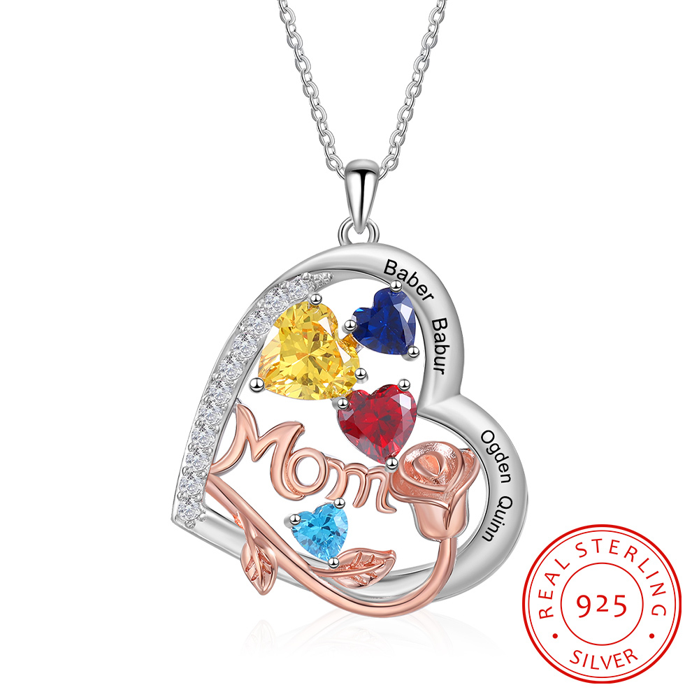 4 Names - Personalized Silver Heart Necklace with Birthstone and Name as a Mother's Day Gift for Mom