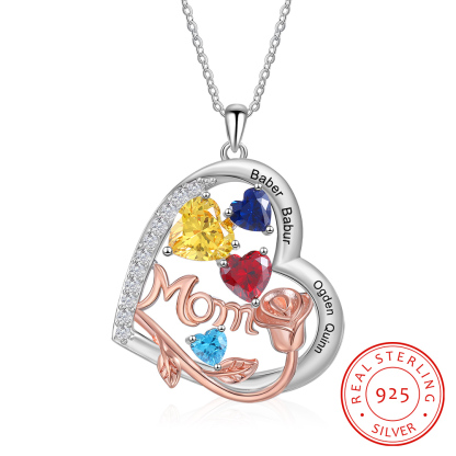 4 Names - Personalized Silver Heart Necklace with Birthstone and Name as a Mother's Day Gift for Mom