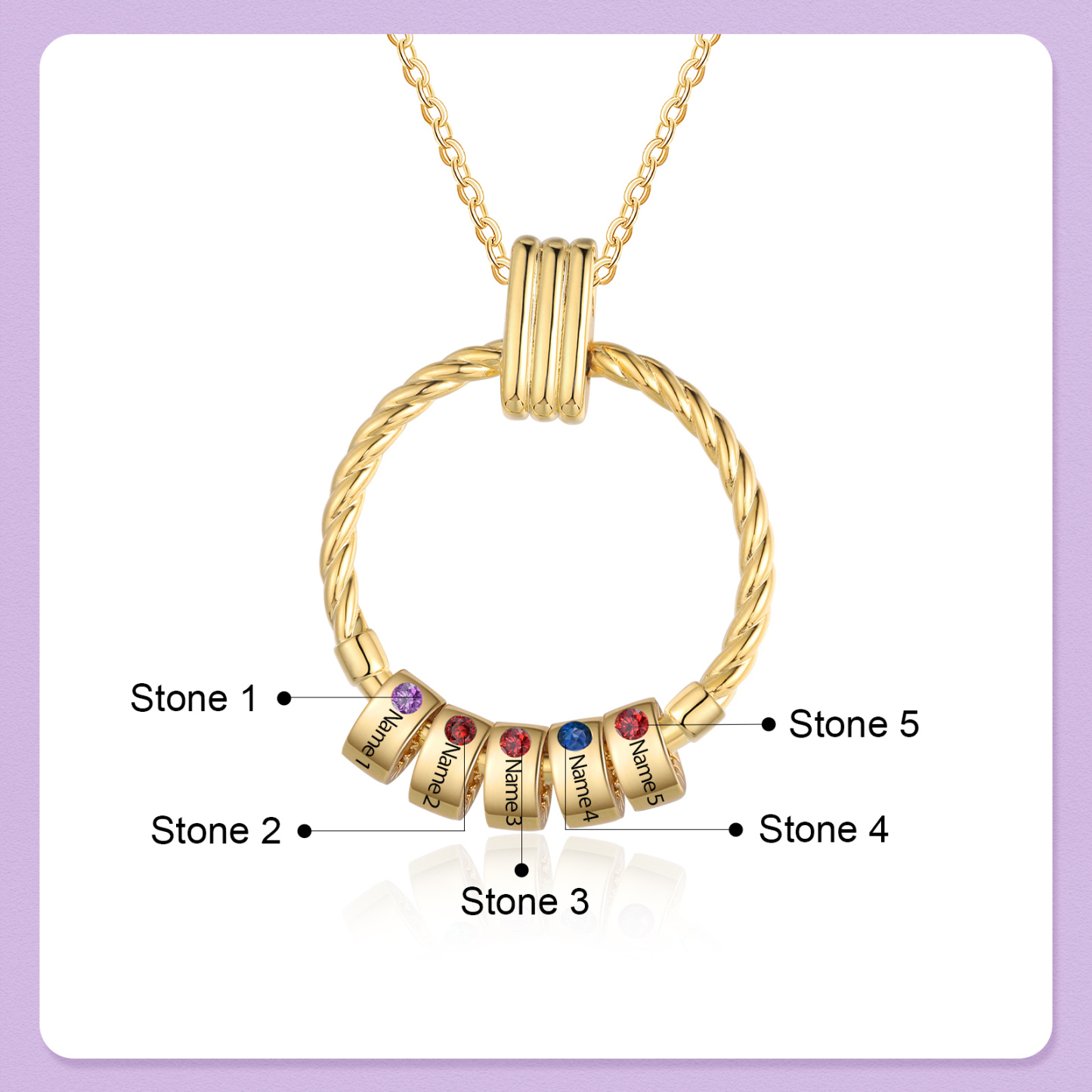 5 Names - Personalized Round Pendant Necklace Customized Name Gift for Her