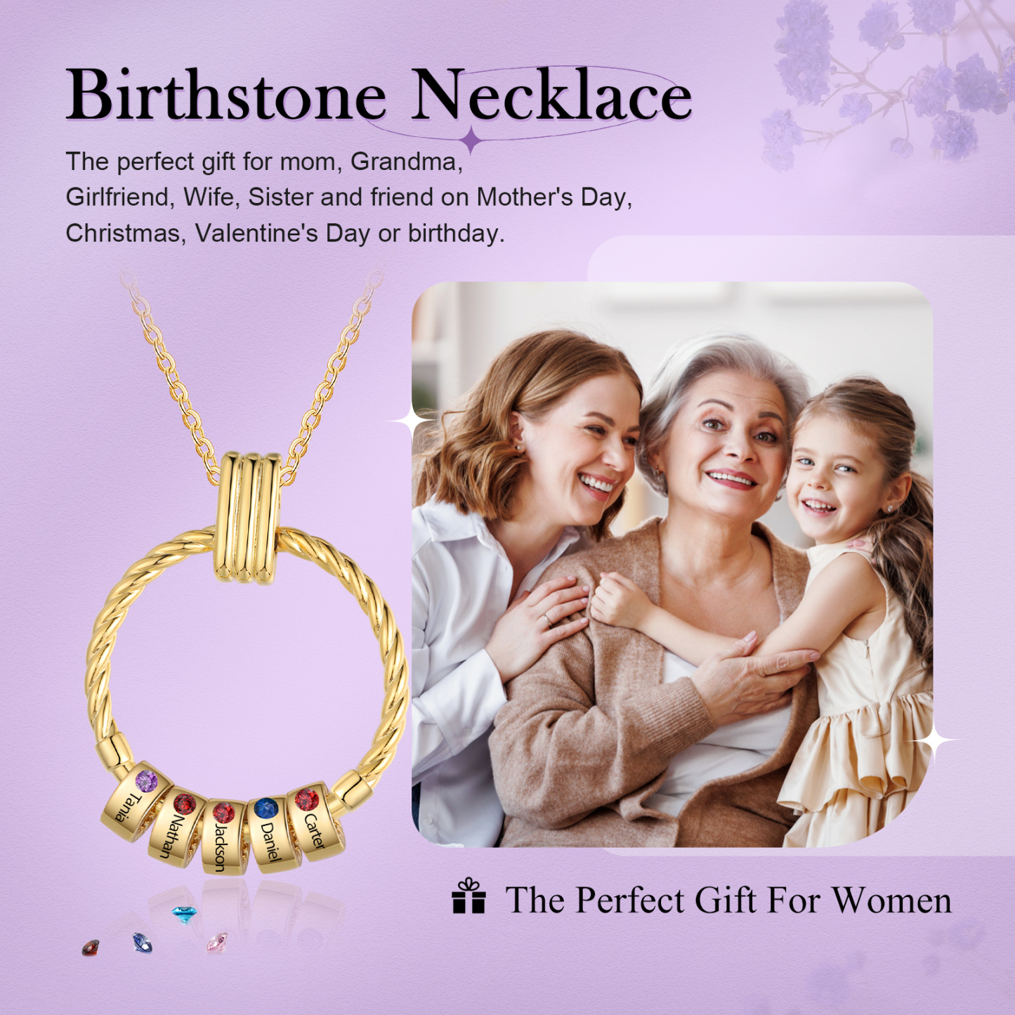 5 Names - Personalized Round Pendant Necklace Customized Name Gift for Her