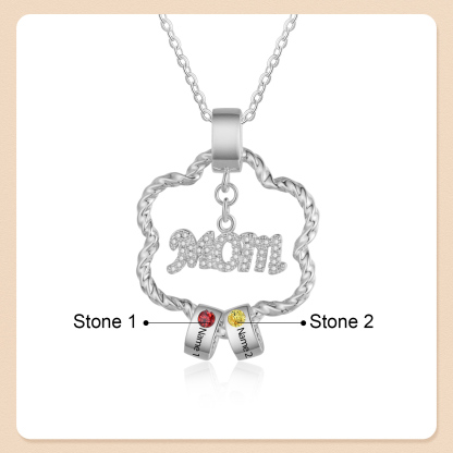 2 Name - Personalized Flower Necklace With 2 Birthstone Pendants Engraved With Names Gift For Mum