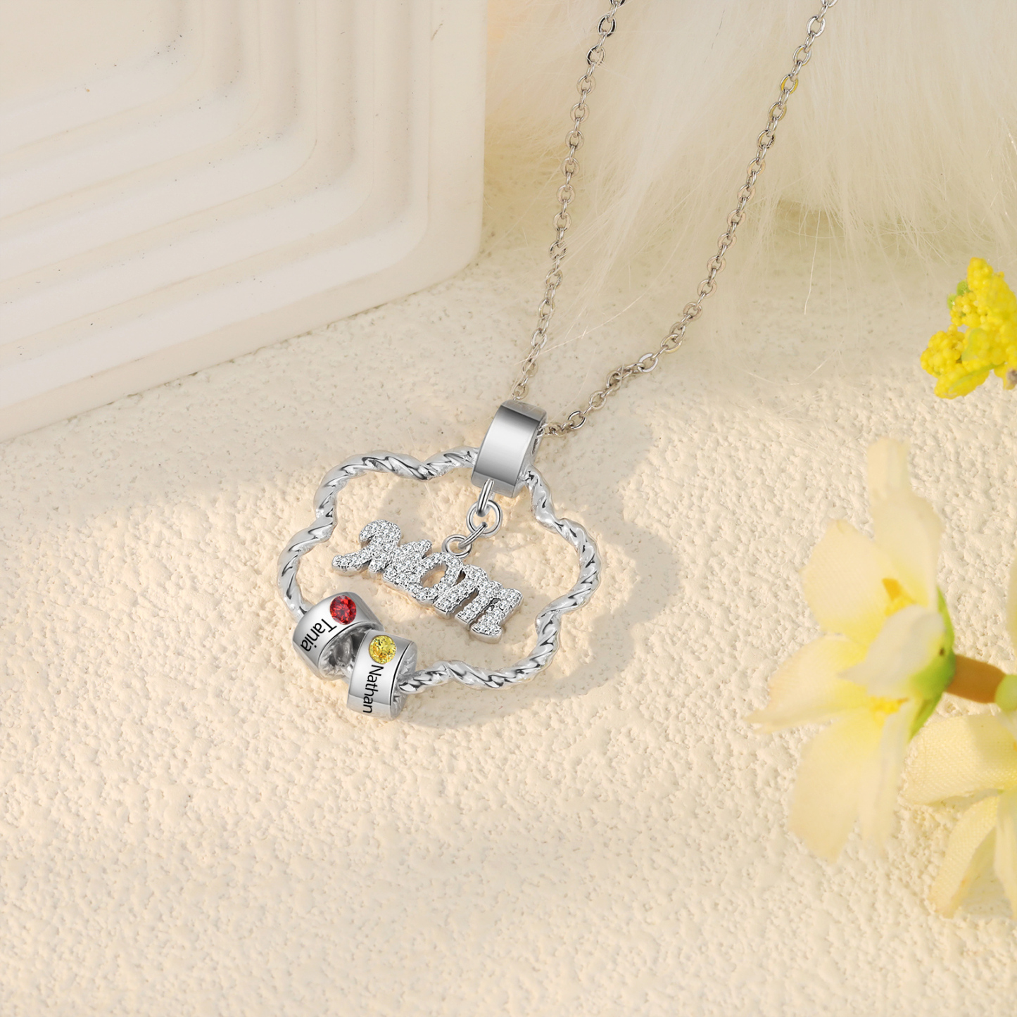 2 Name - Personalized Flower Necklace With 2 Birthstone Pendants Engraved With Names Gift For Mum