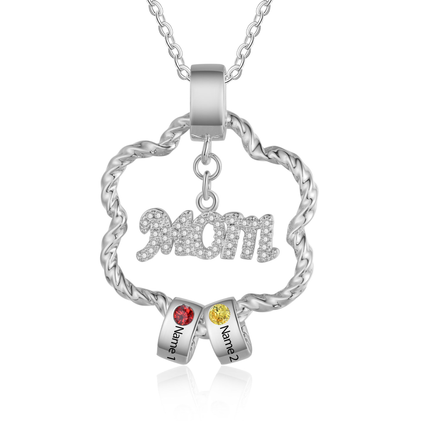 2 Name - Personalized Flower Necklace With 2 Birthstone Pendants Engraved With Names Gift For Mum