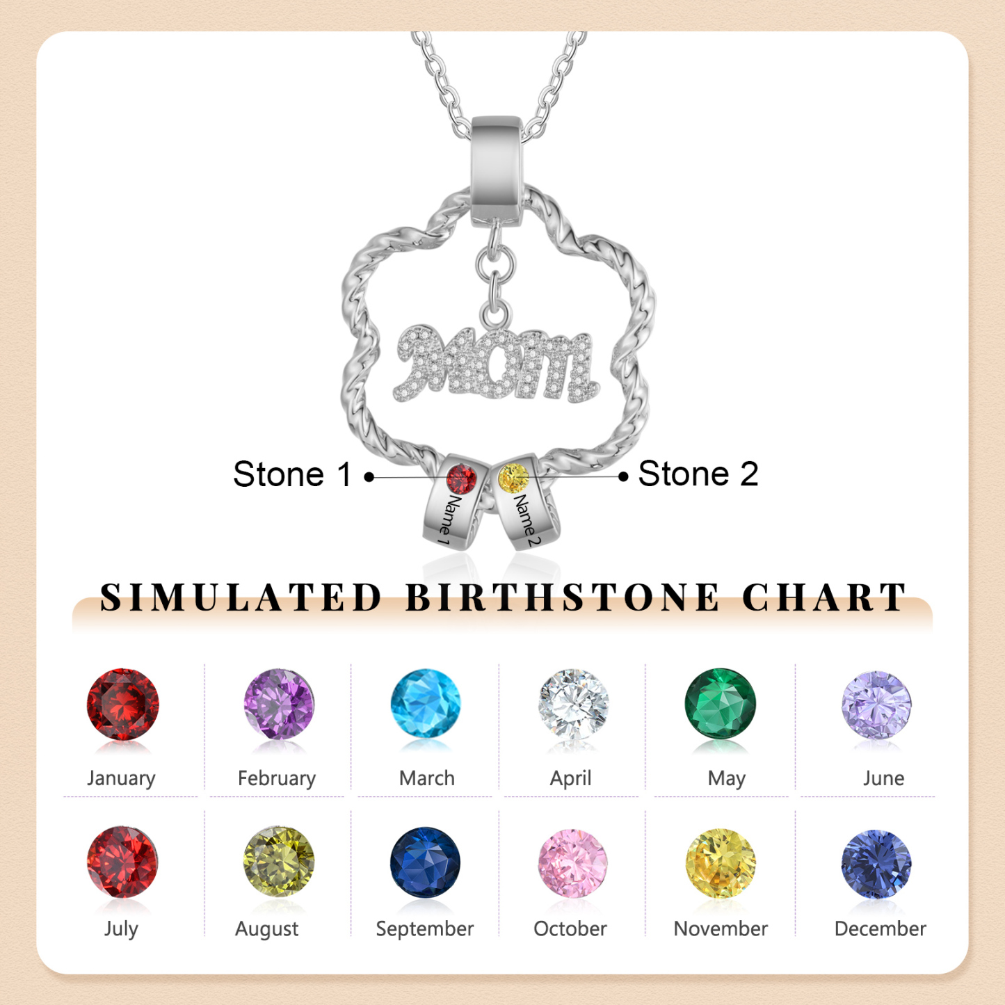 2 Name - Personalized Flower Necklace With 2 Birthstone Pendants Engraved With Names Gift For Mum