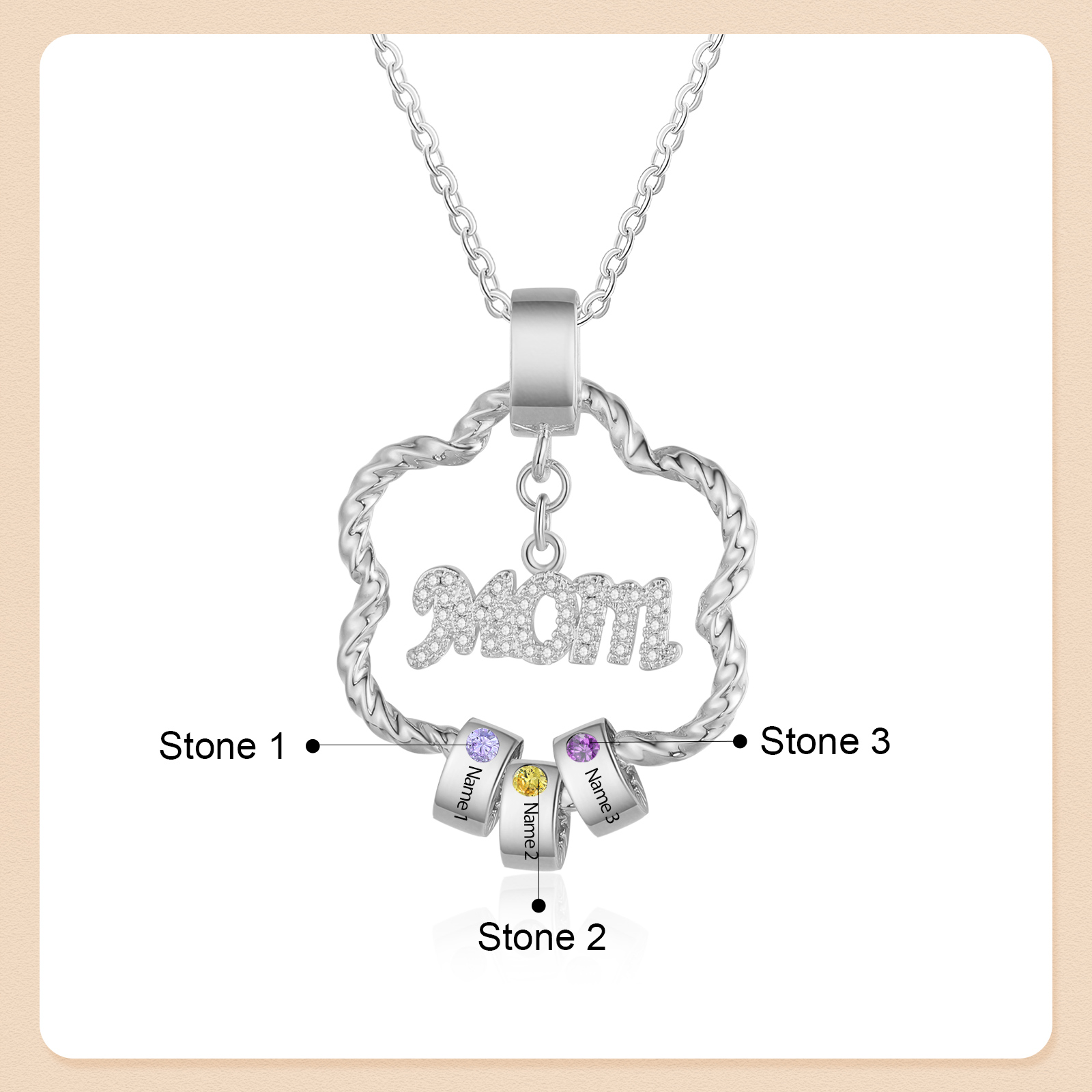 3 Names - Personalized Flower Pendant Necklace Custom Birthstone Gift for Mom