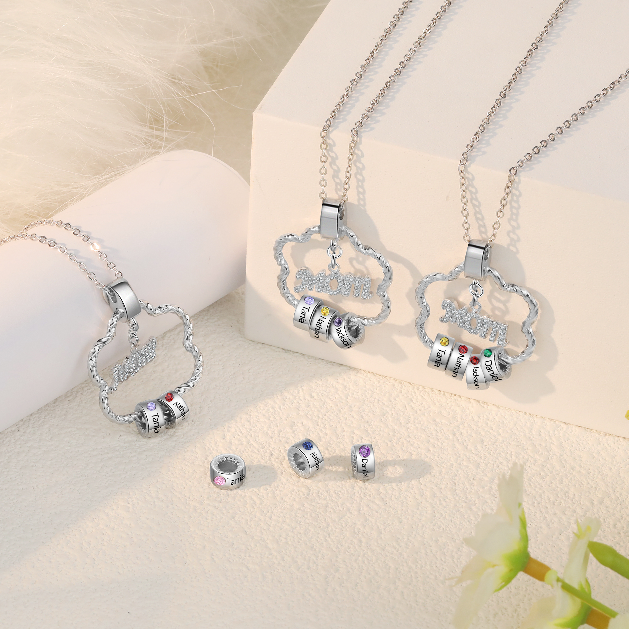 5 Name Personalized Flower Necklace With 5 Birthstone Pendants Engraved With Names Gift For Mom/Mum