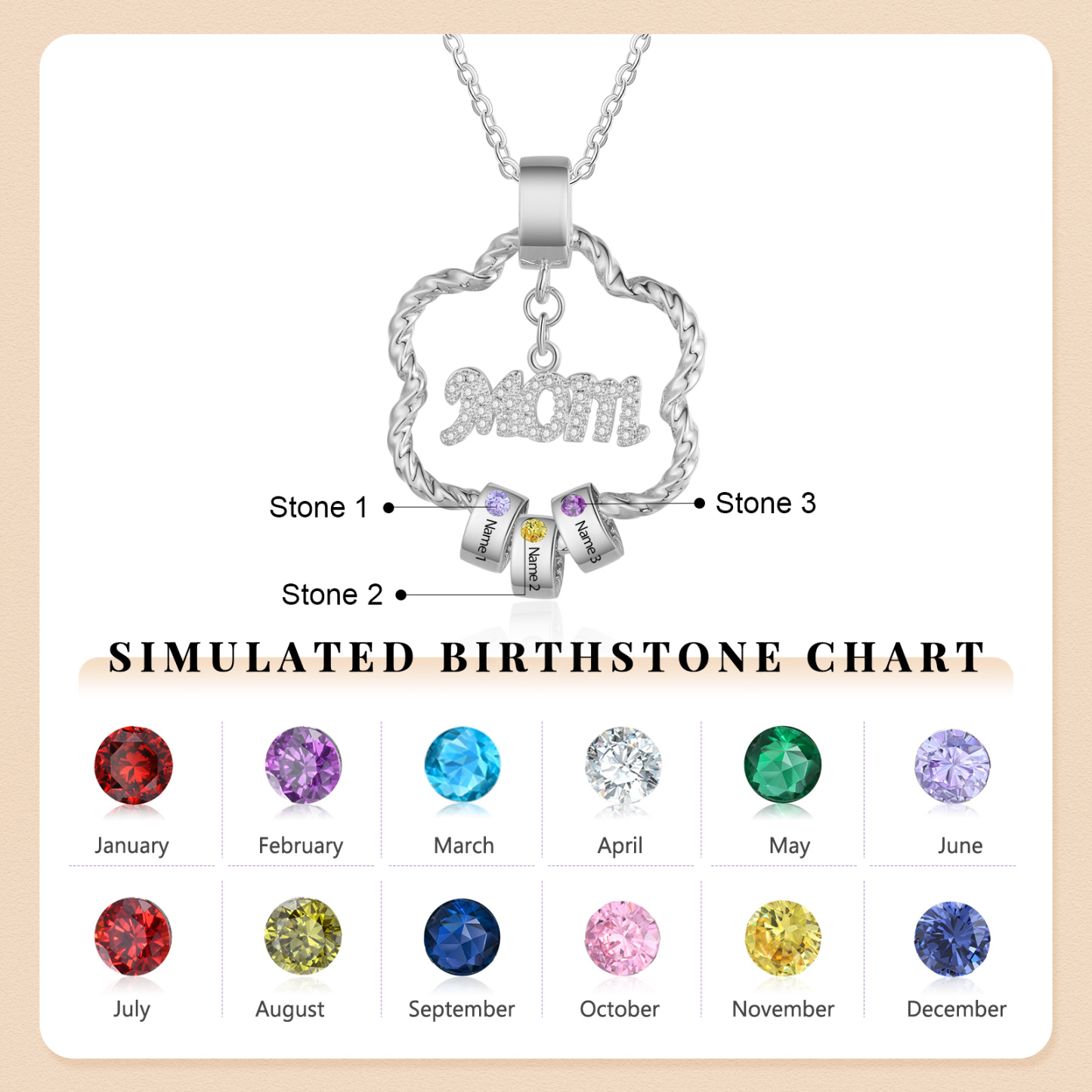 3 Names - Personalized Flower Pendant Necklace Custom Birthstone Gift for Mom