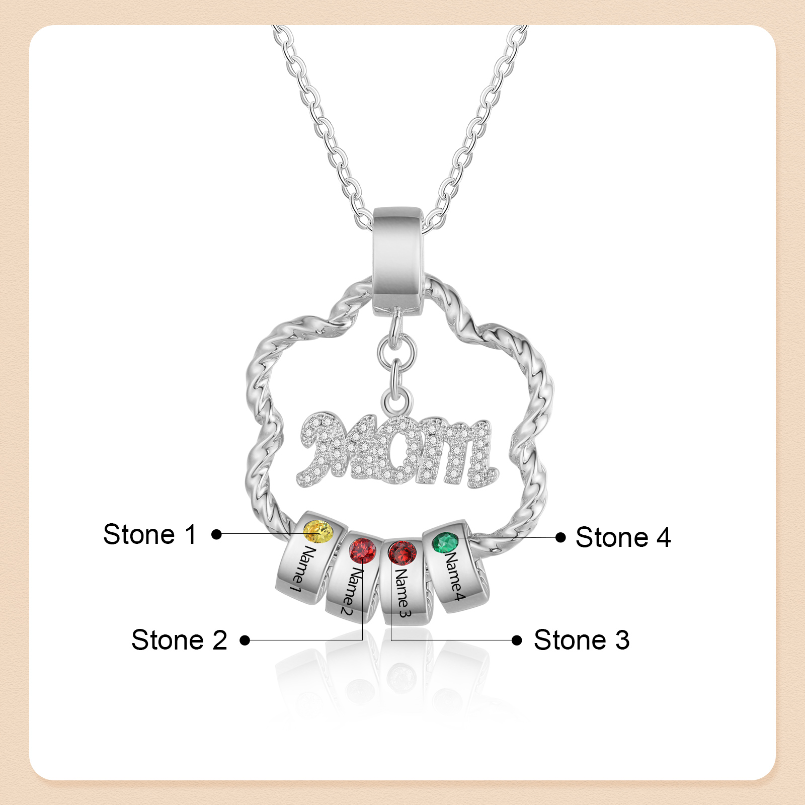 4 Names - Personalized Flower Pendant Necklace Custom Birthstone Gift for Mom