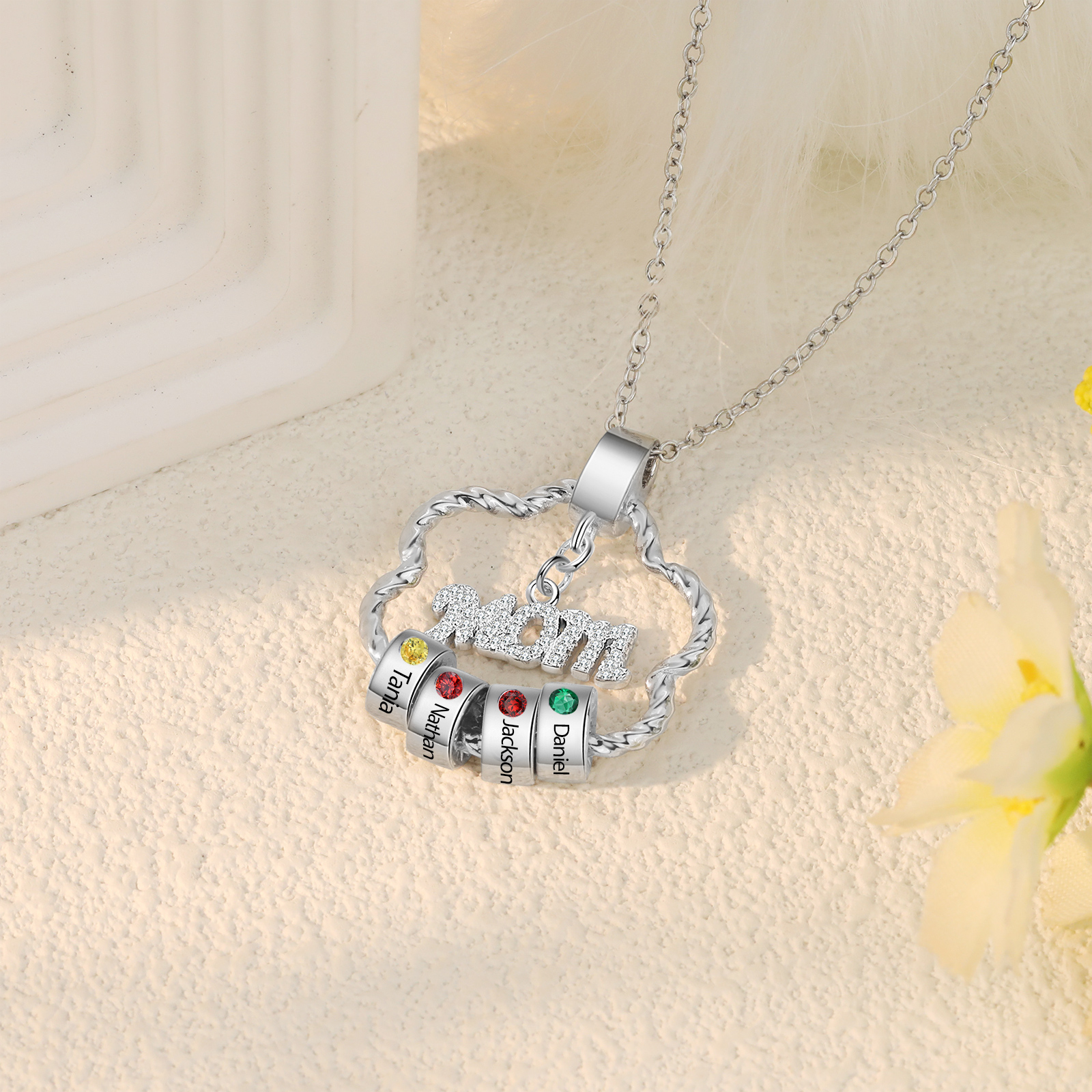 4 Names - Personalized Flower Pendant Necklace Custom Birthstone Gift for Mom