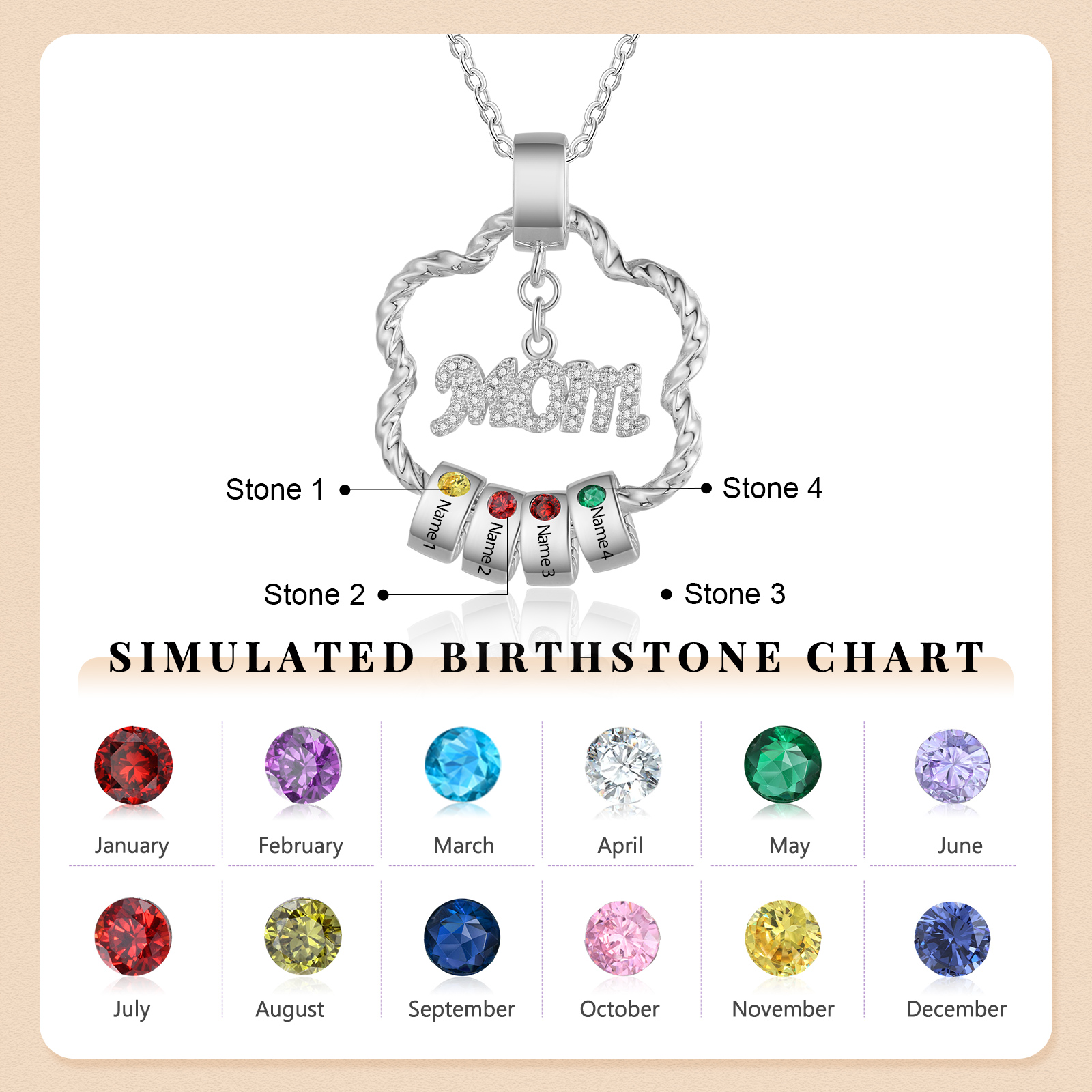 4 Names - Personalized Flower Pendant Necklace Custom Birthstone Gift for Mom