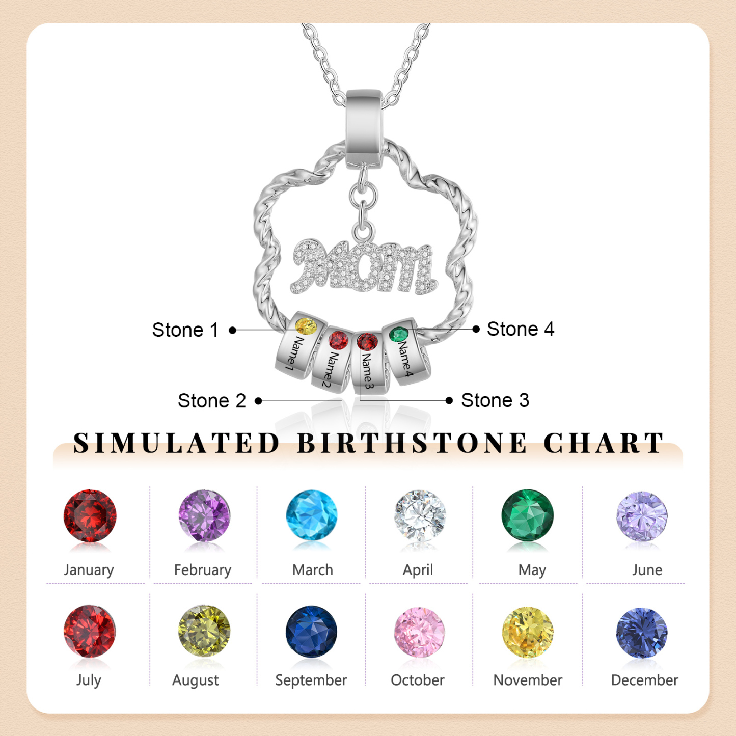 4 Names - Personalized Flower Pendant Necklace Custom Birthstone Gift for Mom
