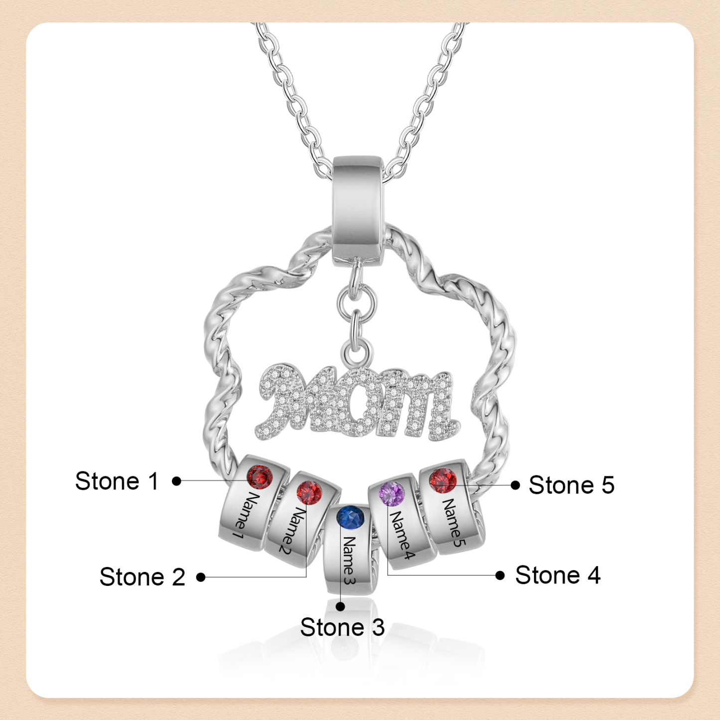 5 Name Personalized Flower Necklace With 5 Birthstone Pendants Engraved With Names Gift For Mom/Mum