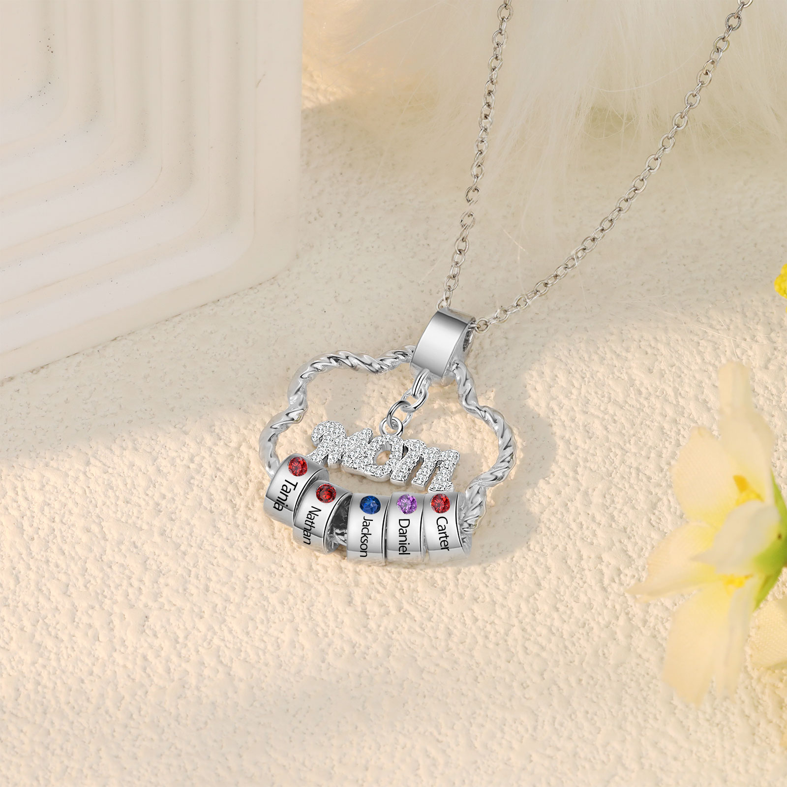 5 Name Personalized Flower Necklace With 5 Birthstone Pendants Engraved With Names Gift For Mom/Mum