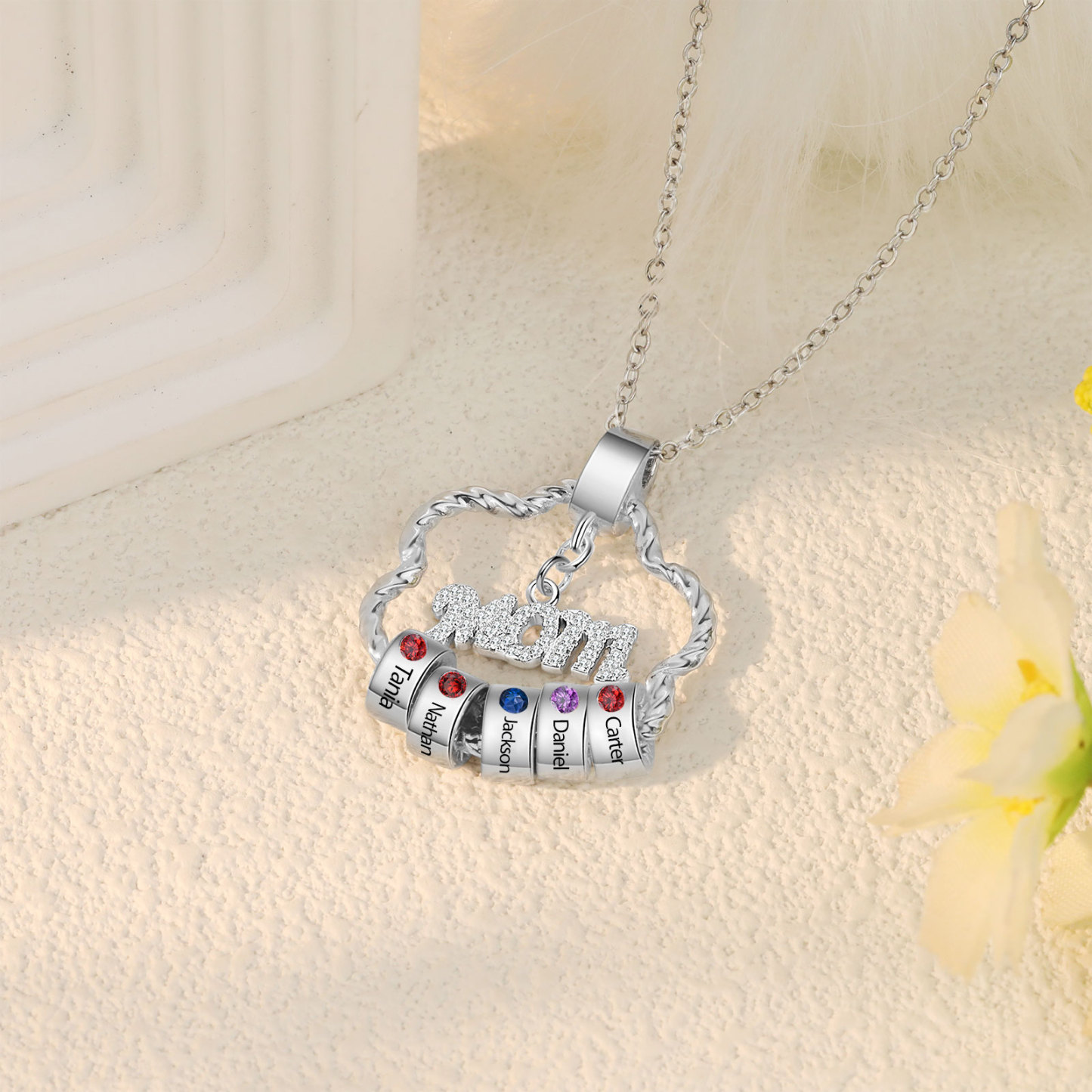 5 Name Personalized Flower Necklace With 5 Birthstone Pendants Engraved With Names Gift For Mom/Mum