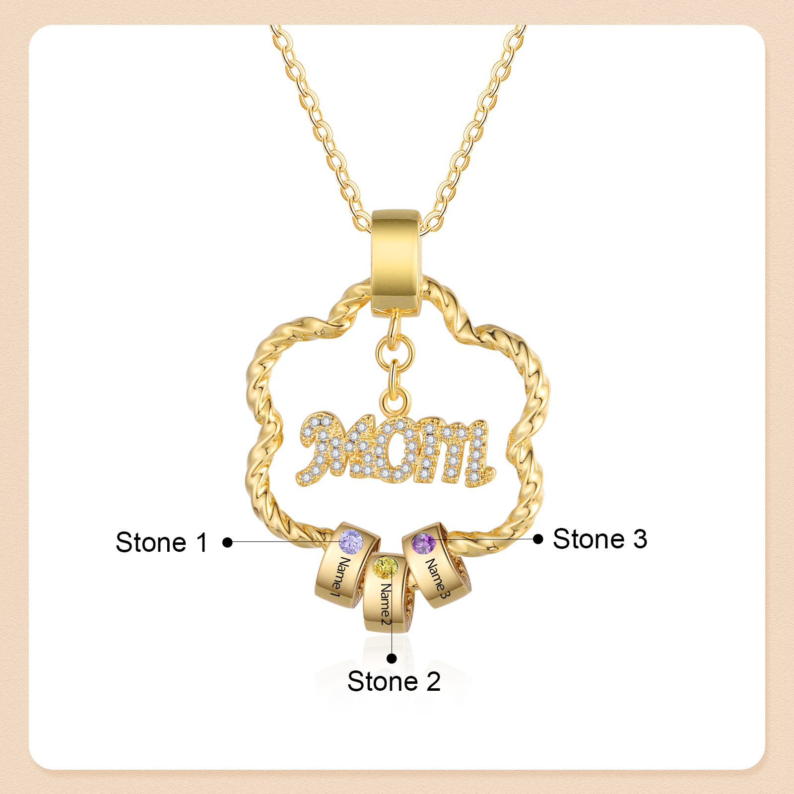 3 Names - Personalized Flower Pendant Necklace Custom Name Gift for Mom