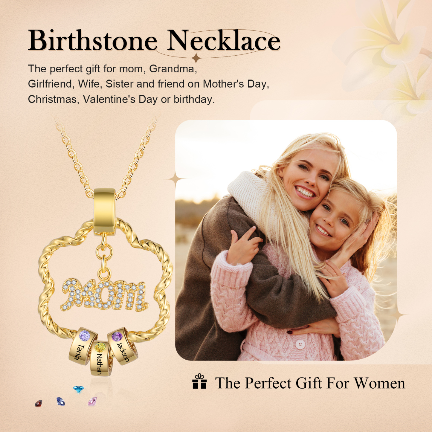 3 Names - Personalized Flower Pendant Necklace Custom Name Gift for Mom