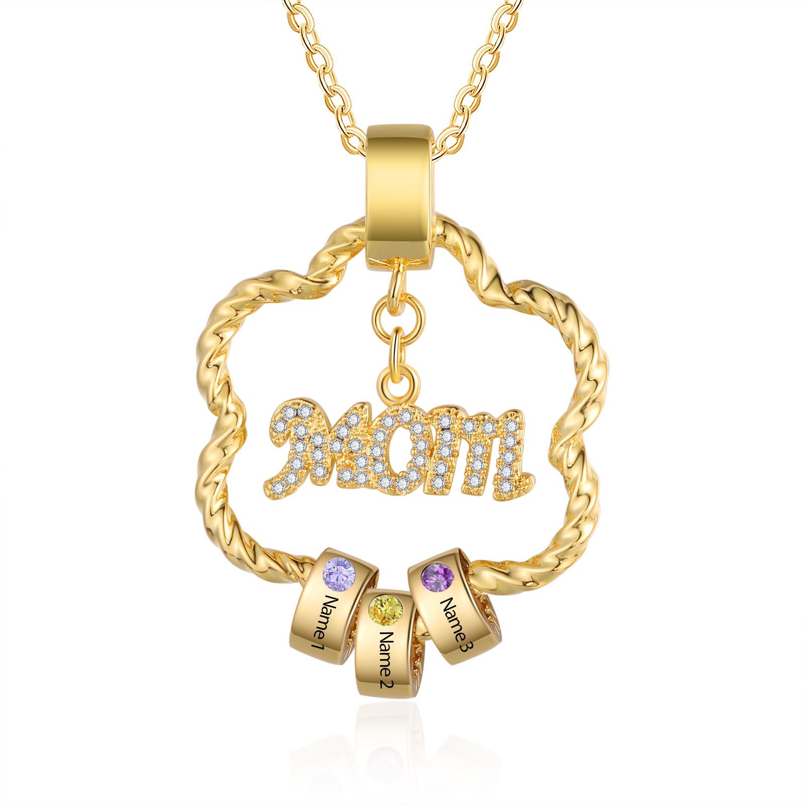 3 Names - Personalized Flower Pendant Necklace Custom Name Gift for Mom