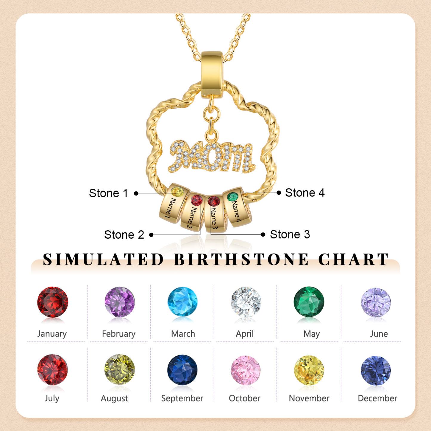 4 Names - Personalized Flower Pendant Necklace Custom Name Gift for Mom