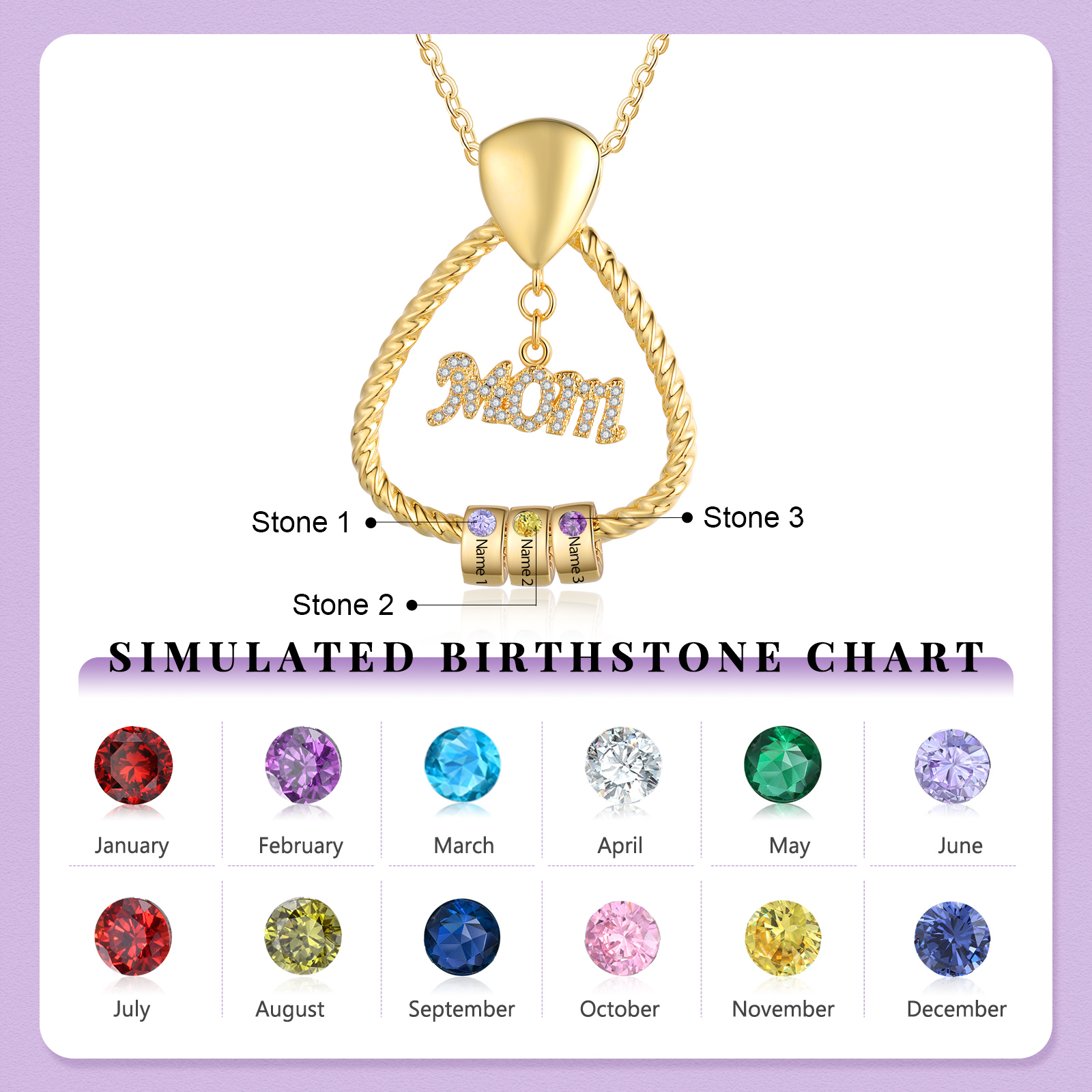 3 Names - Personalized Triangle Pendant Necklace Custom Birthstone Custom Name Gift for Mom