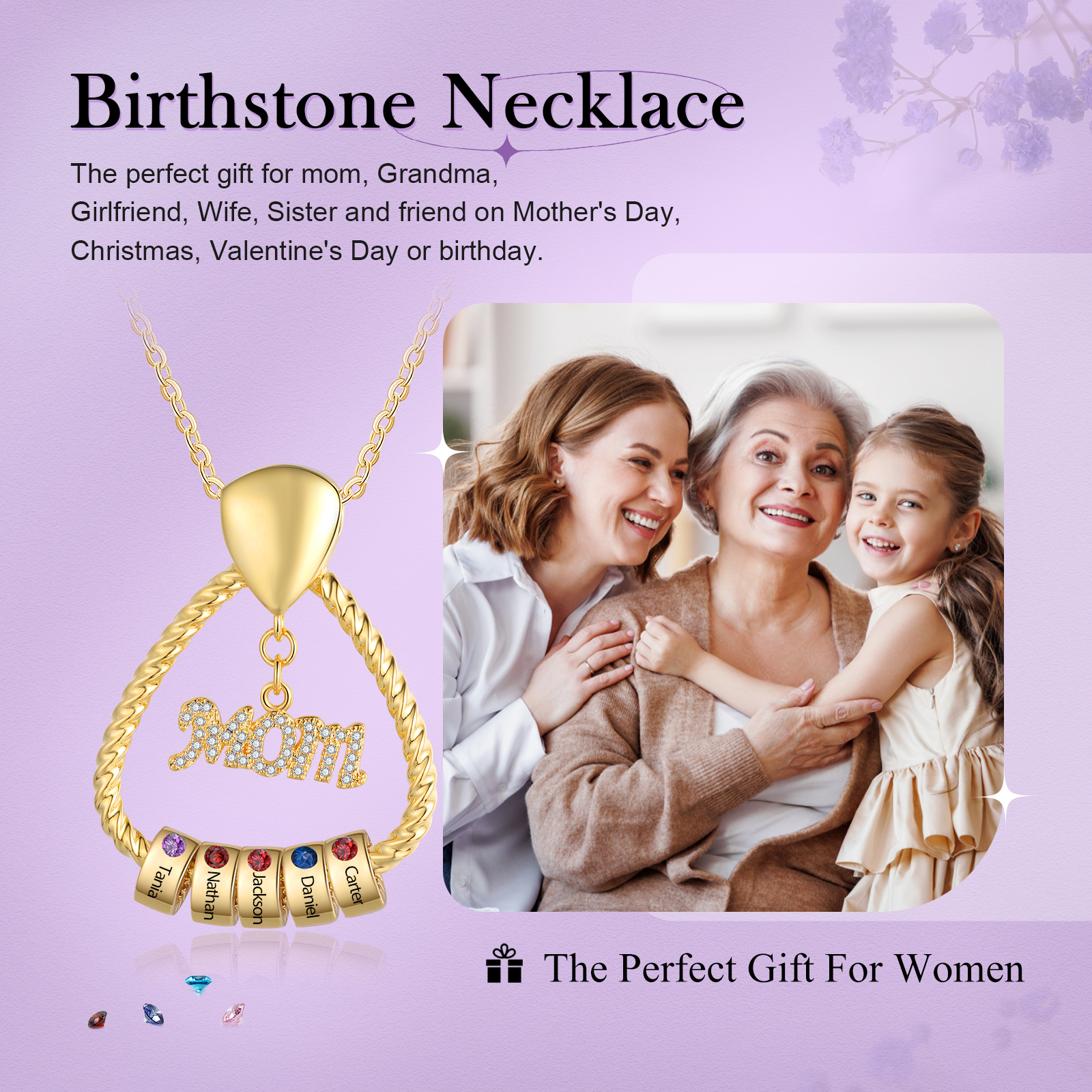 5 Names - Personalized Triangle Pendant Necklace  Custom Name Gift for Mom