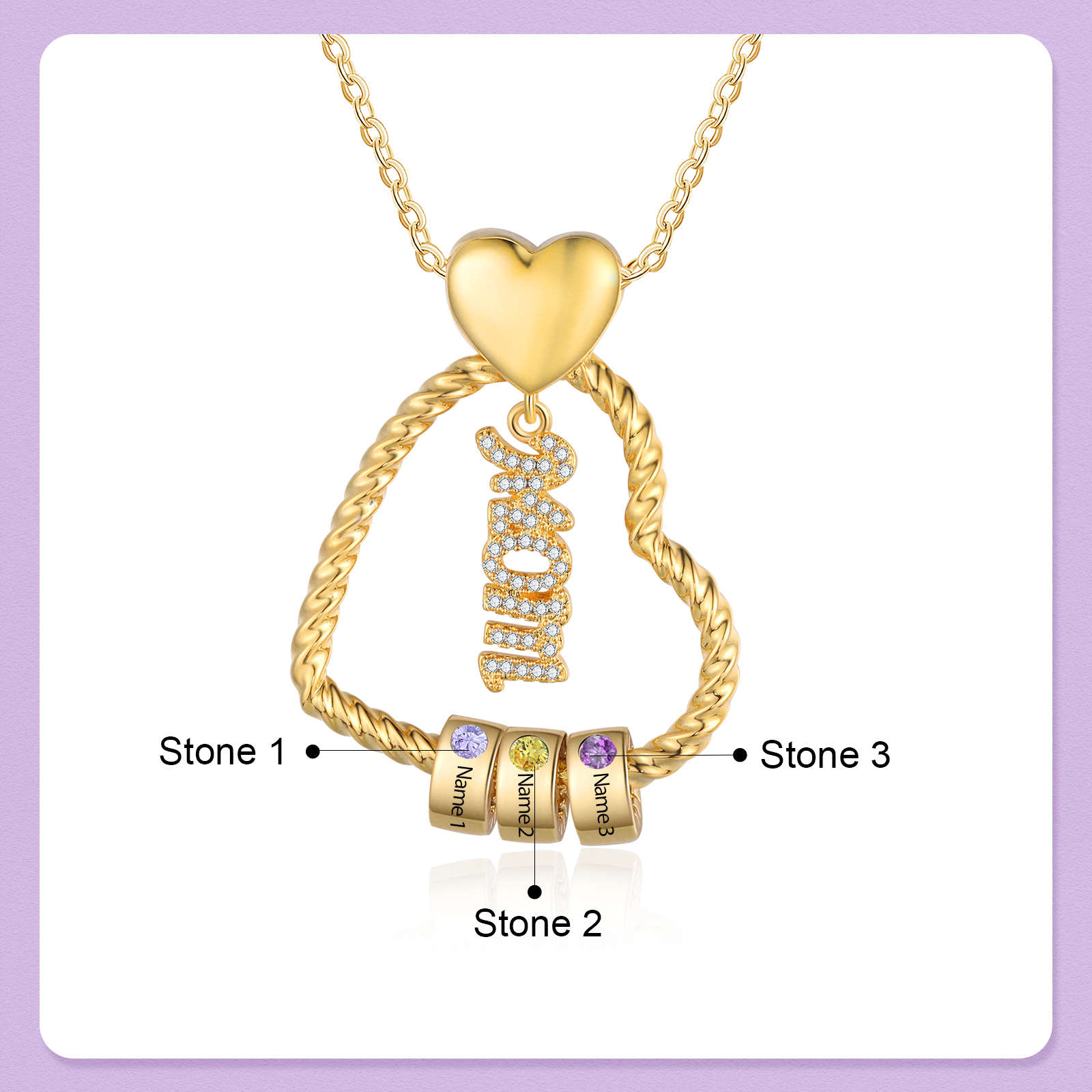 3 Names - Personalized Love Pendant Necklace Custom Birthstone Custom Name Gift for Mom