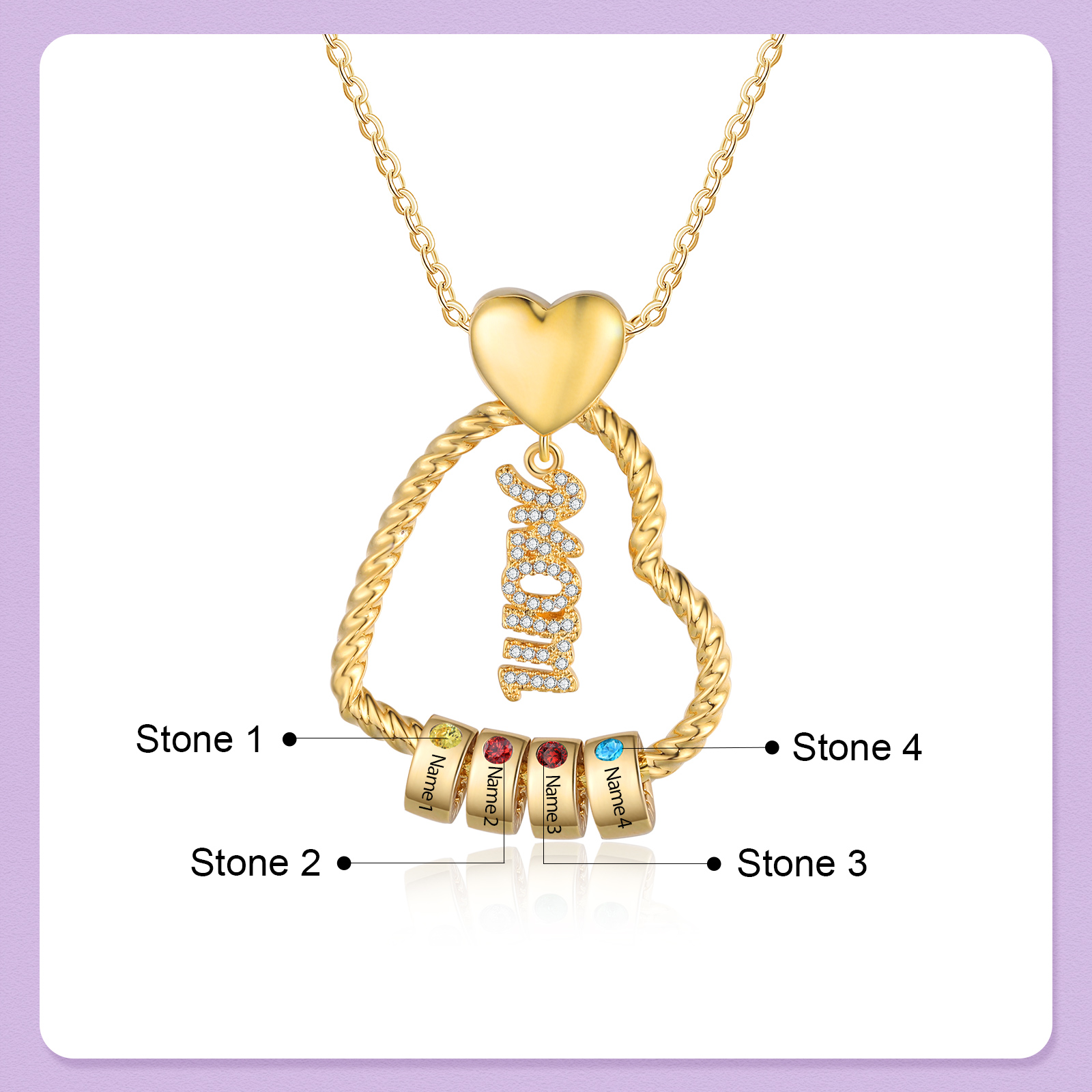4 Names - Personalized Love Pendant Necklace Custom Birthstone Custom Name Gift for Mom